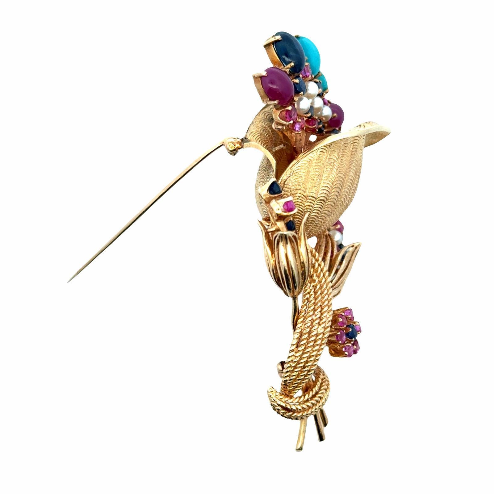 1950's Rubin Saphir Türkis 14 Karat Gelbgold Floral Vintage Brosche Pin (Zeitgenössisch) im Angebot