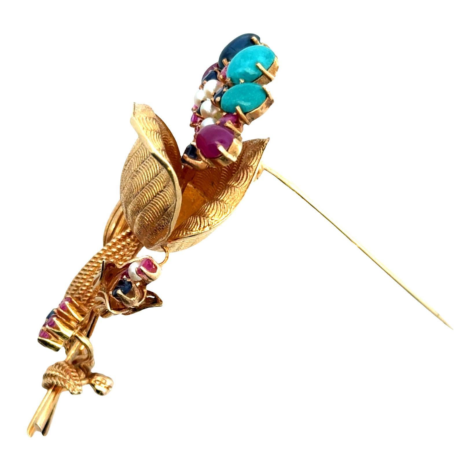 1950's Rubin Saphir Türkis 14 Karat Gelbgold Floral Vintage Brosche Pin (Cabochon) im Angebot