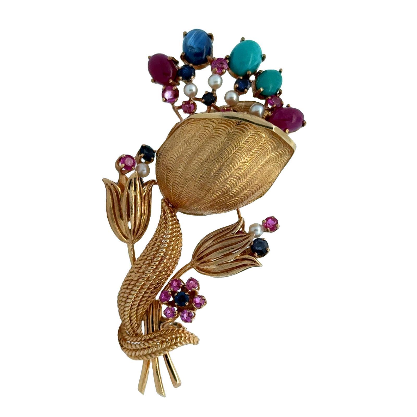 1950's Rubin Saphir Türkis 14 Karat Gelbgold Floral Vintage Brosche Pin Damen im Angebot