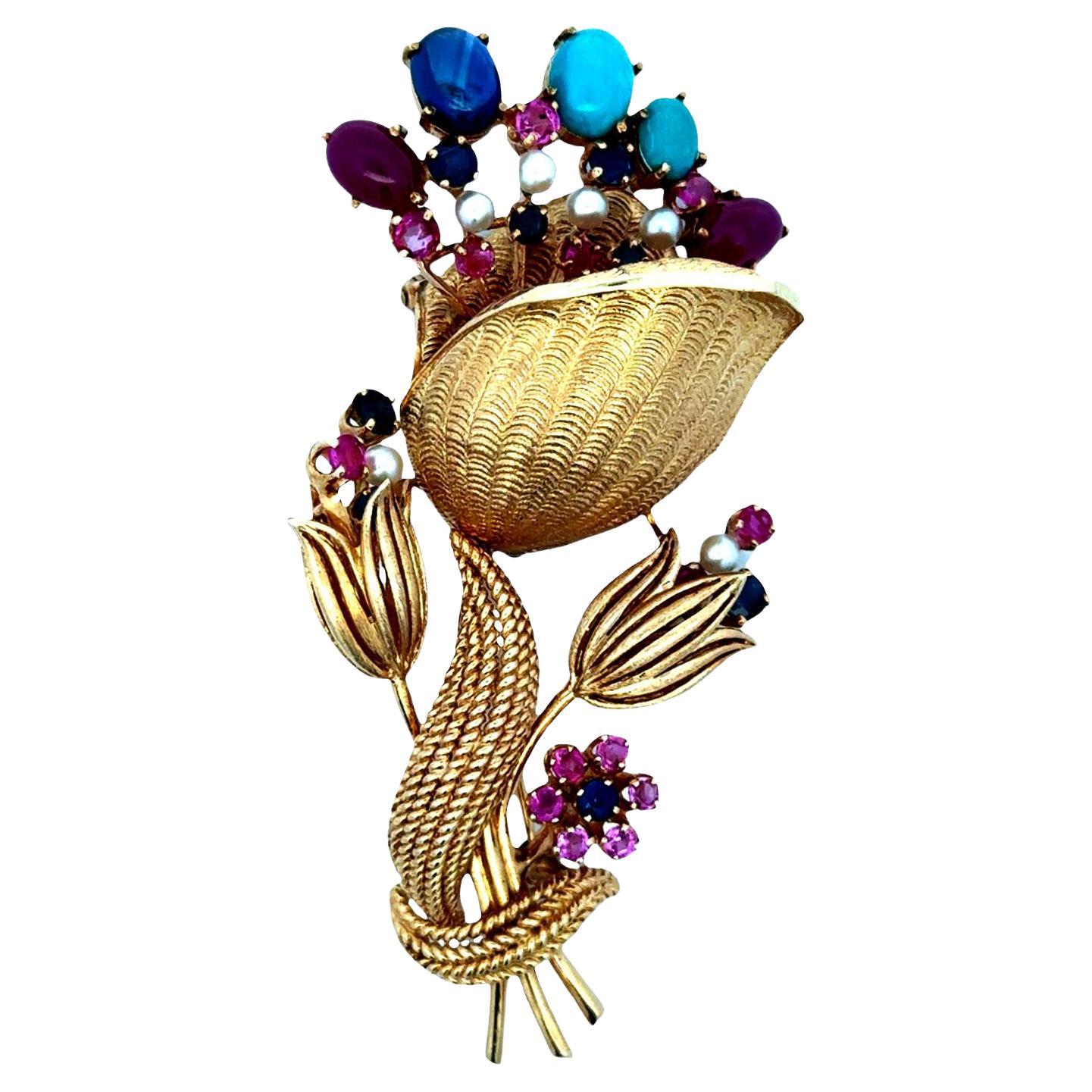 1950's Ruby Sapphire Turquoise 14 Karat Yellow Gold Floral Vintage Brooch Pin