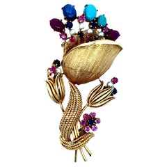 1950's Ruby Sapphire Turquoise 14 Karat Yellow Gold Floral Vintage Brooch Pin