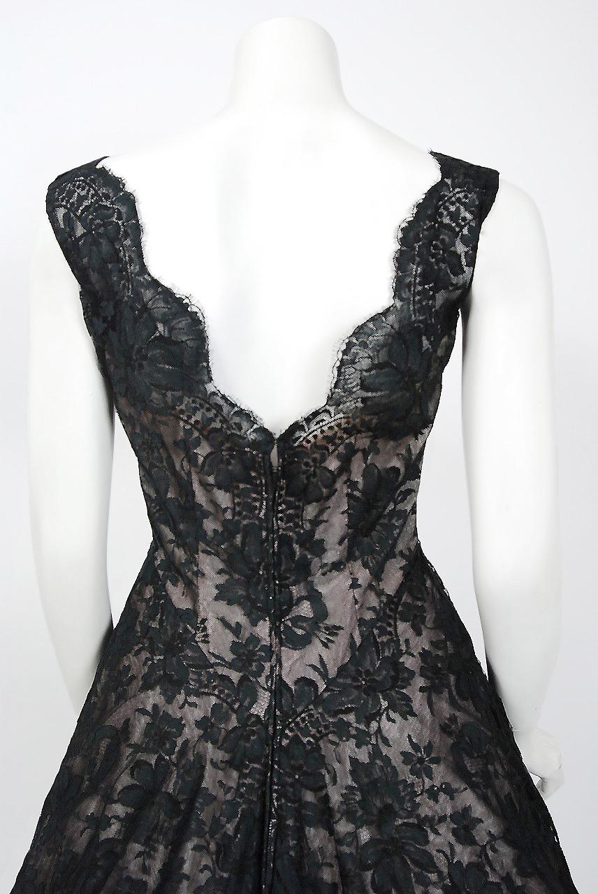 1950's Rudolf Couture Black Lace & Pale Pink Satin Shelf-Bust Bow Full Dress   2