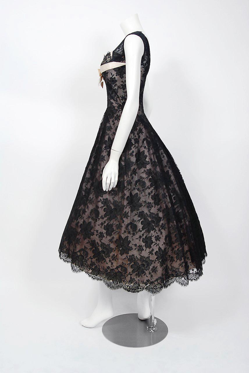1950's Rudolf Couture Black Lace & Pale Pink Satin Shelf-Bust Bow Full Dress   In Good Condition In Beverly Hills, CA