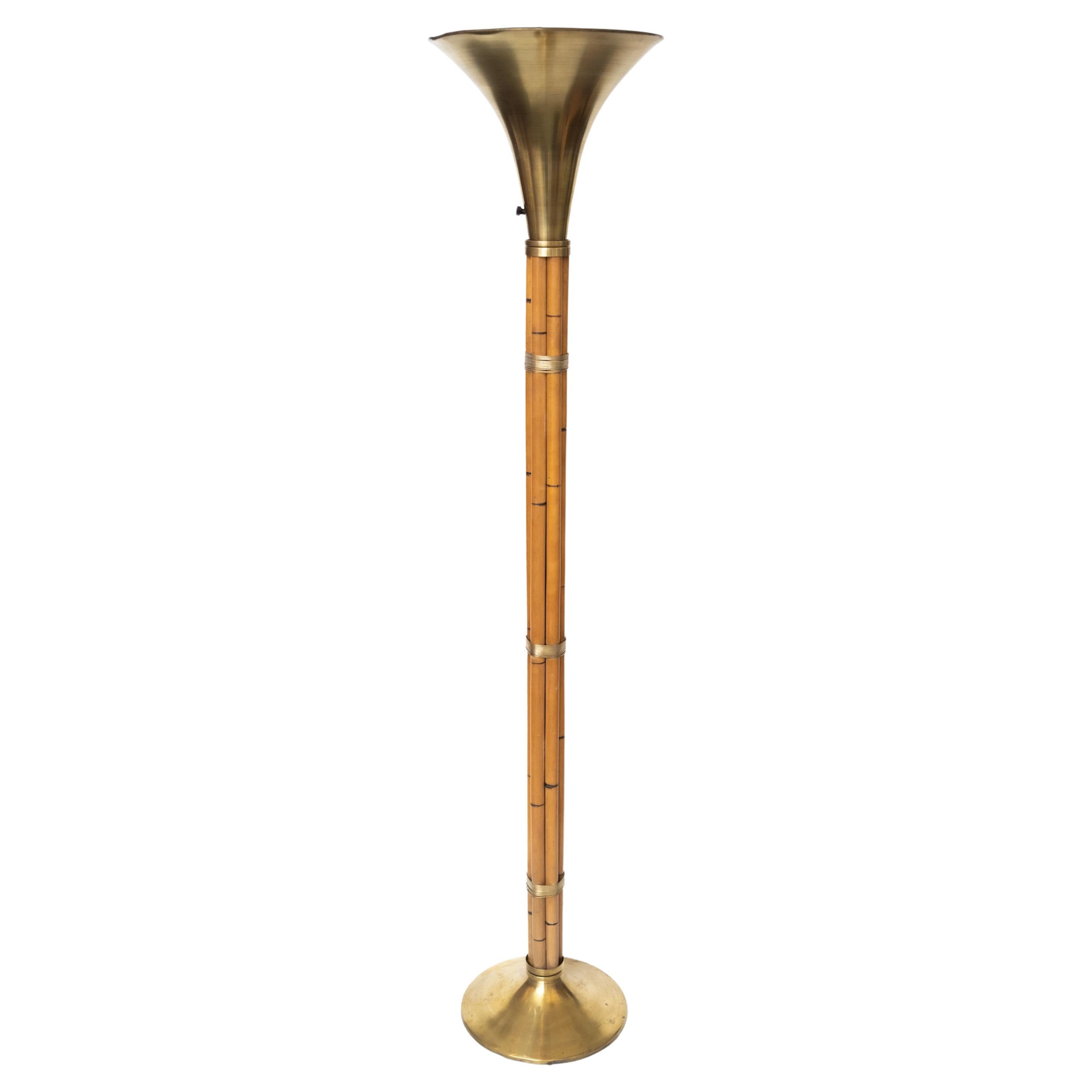 1950s Russel Wright Brass and Faux Bamboo Floor Lamp