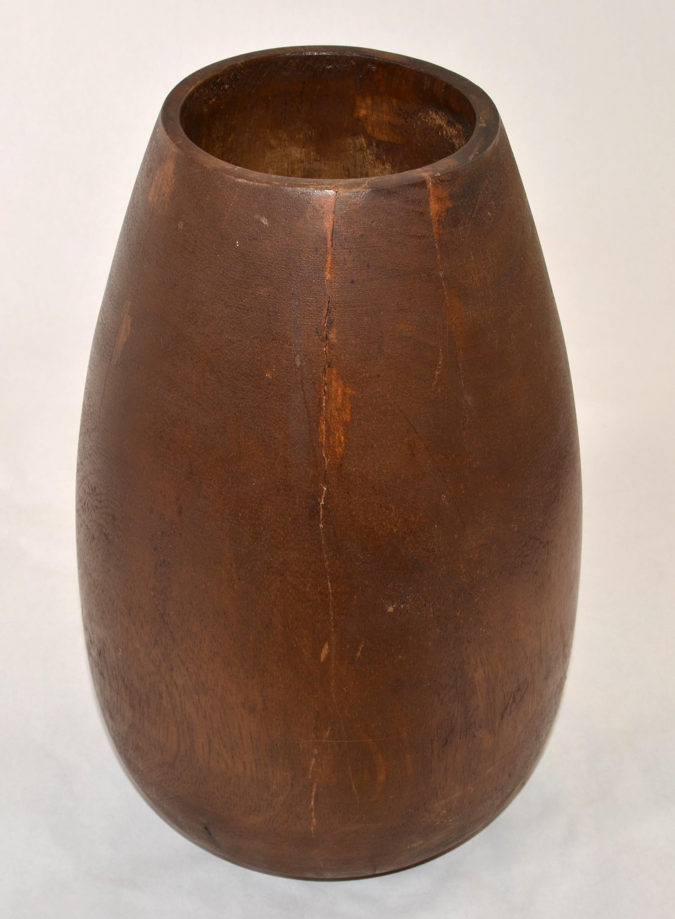 1950s Rustic Hand-Carved Solid Wood Art Vase Vessel Arts & Crafts Movement In Fair Condition For Sale In Miami, FL