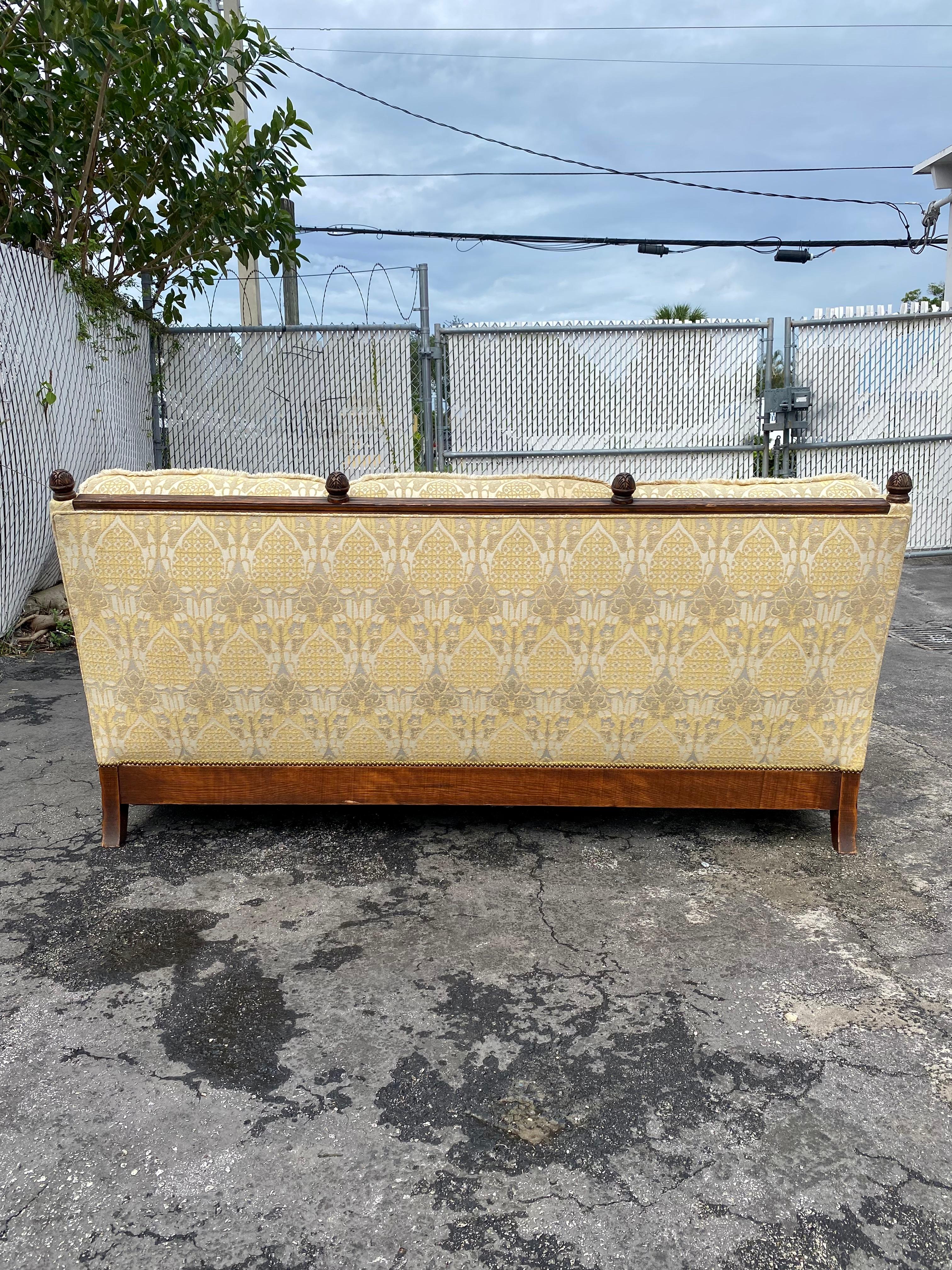 1950s Rustic Hand Carved Wood Fringe Sofa  For Sale 1