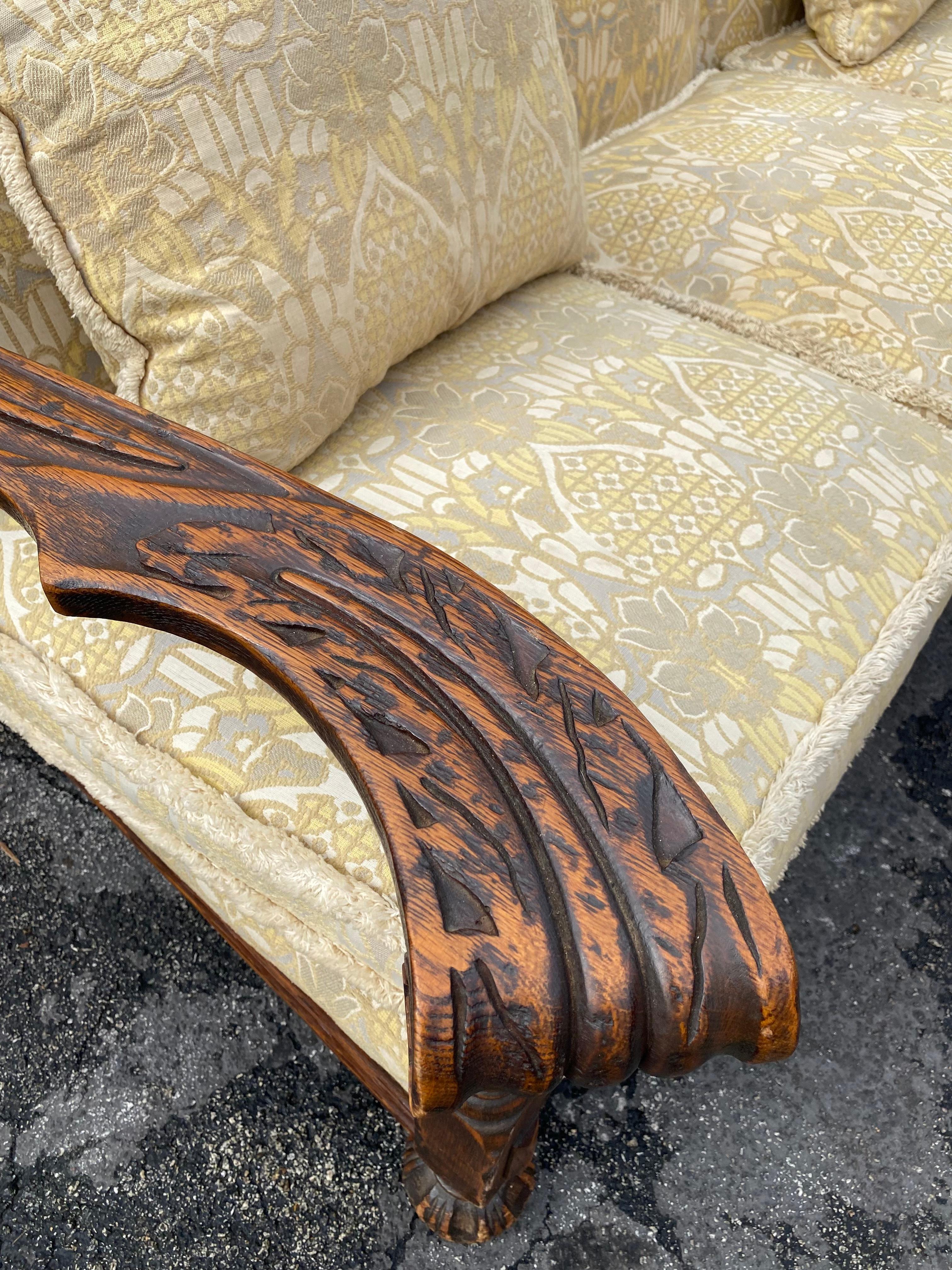 1950s Rustic Hand Carved Wood Fringe Sofa  For Sale 2