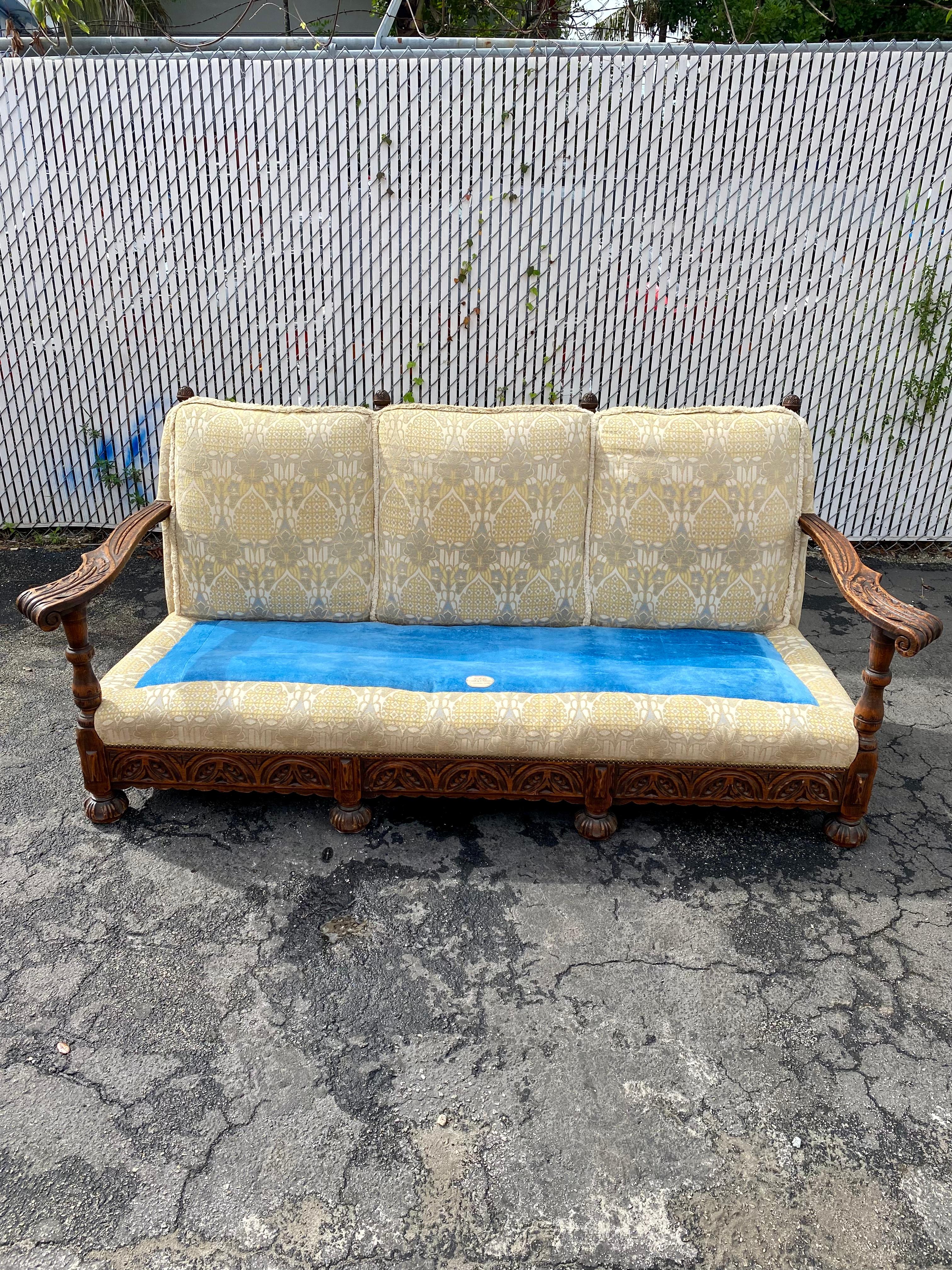 1950s Rustic Hand Carved Wood Fringe Sofa  For Sale 4