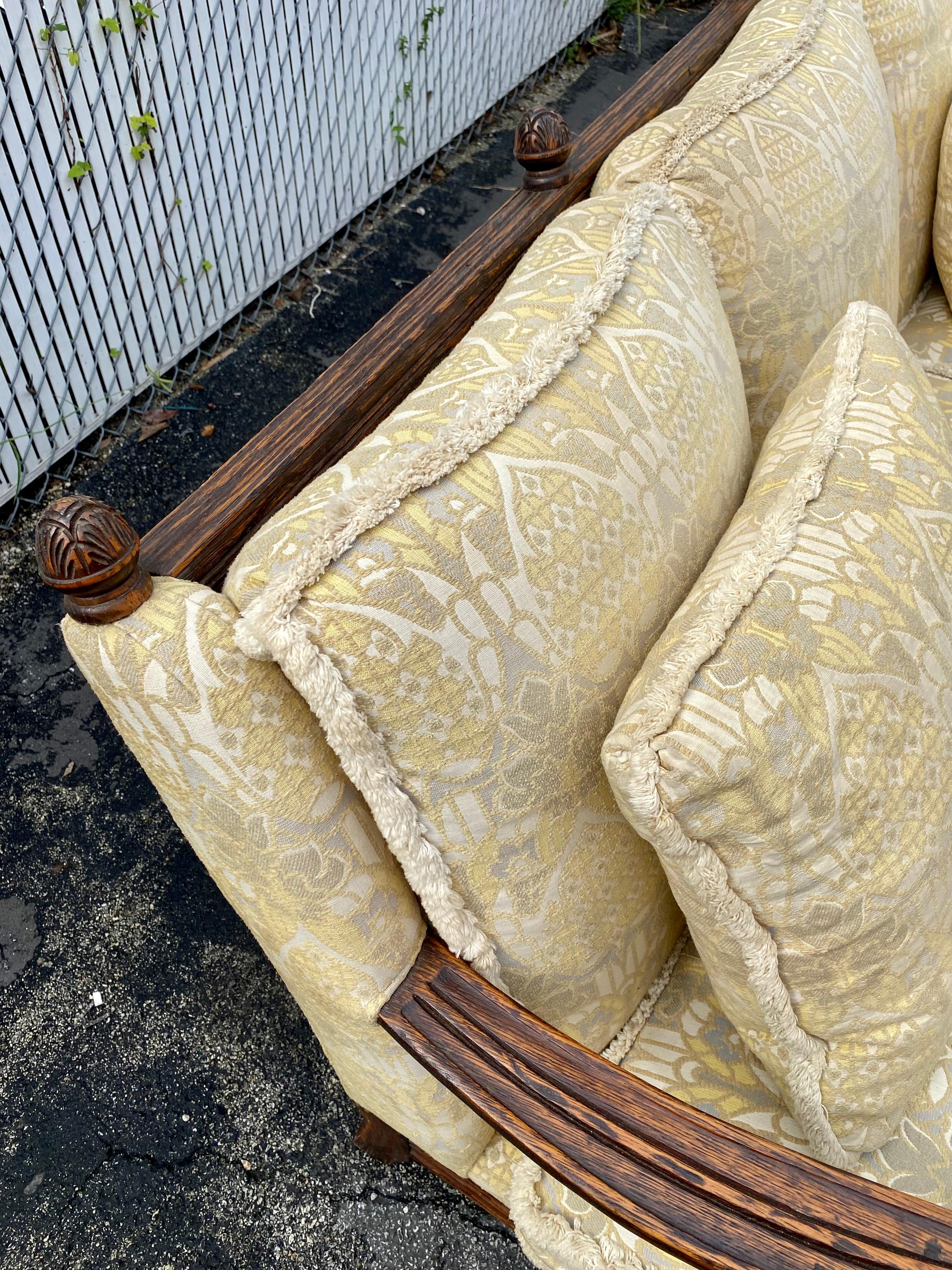 1950s Rustic Hand Carved Wood Fringe Sofa  For Sale 5