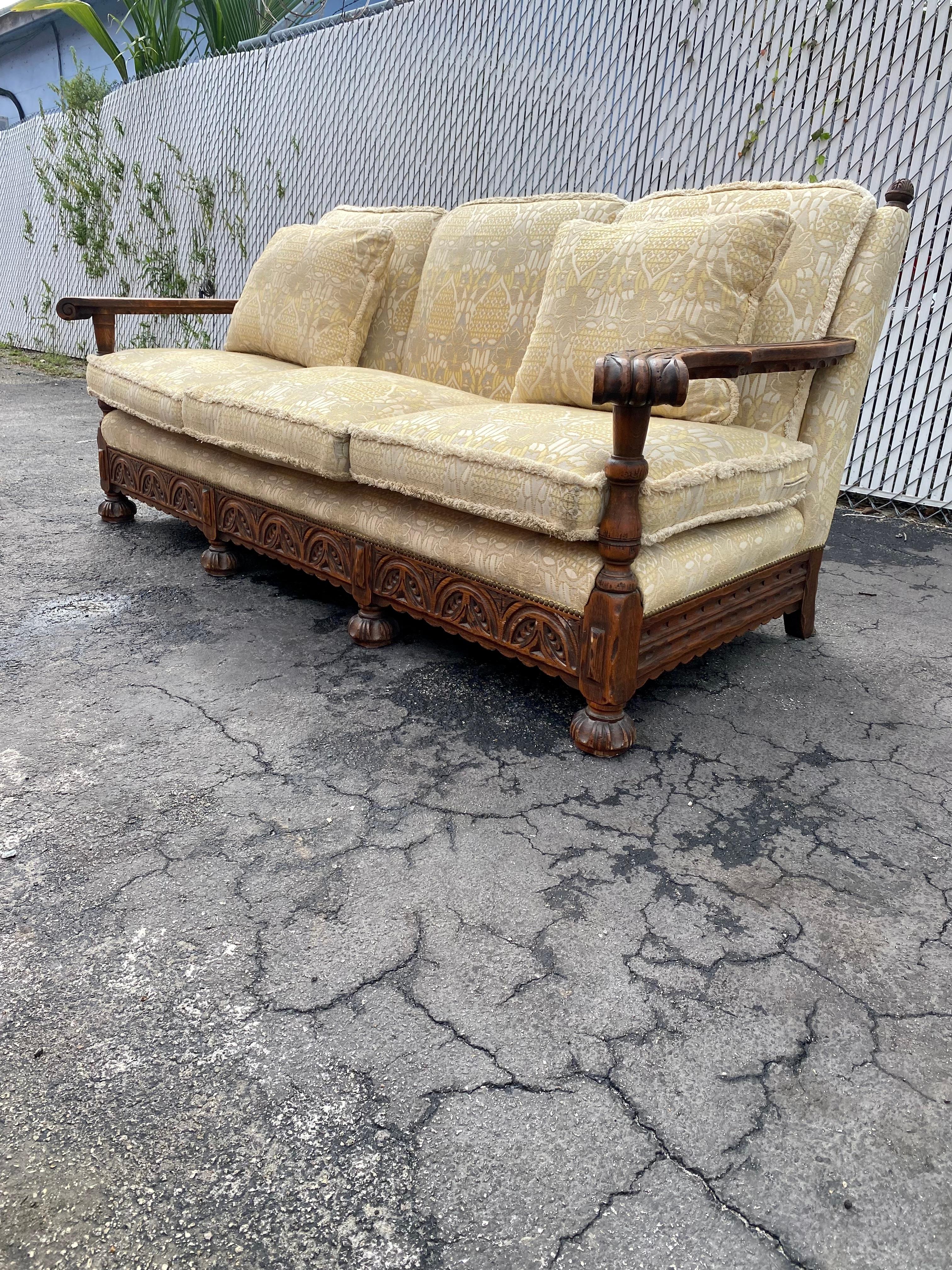 Mid-Century Modern 1950s Rustic Hand Carved Wood Fringe Sofa  For Sale