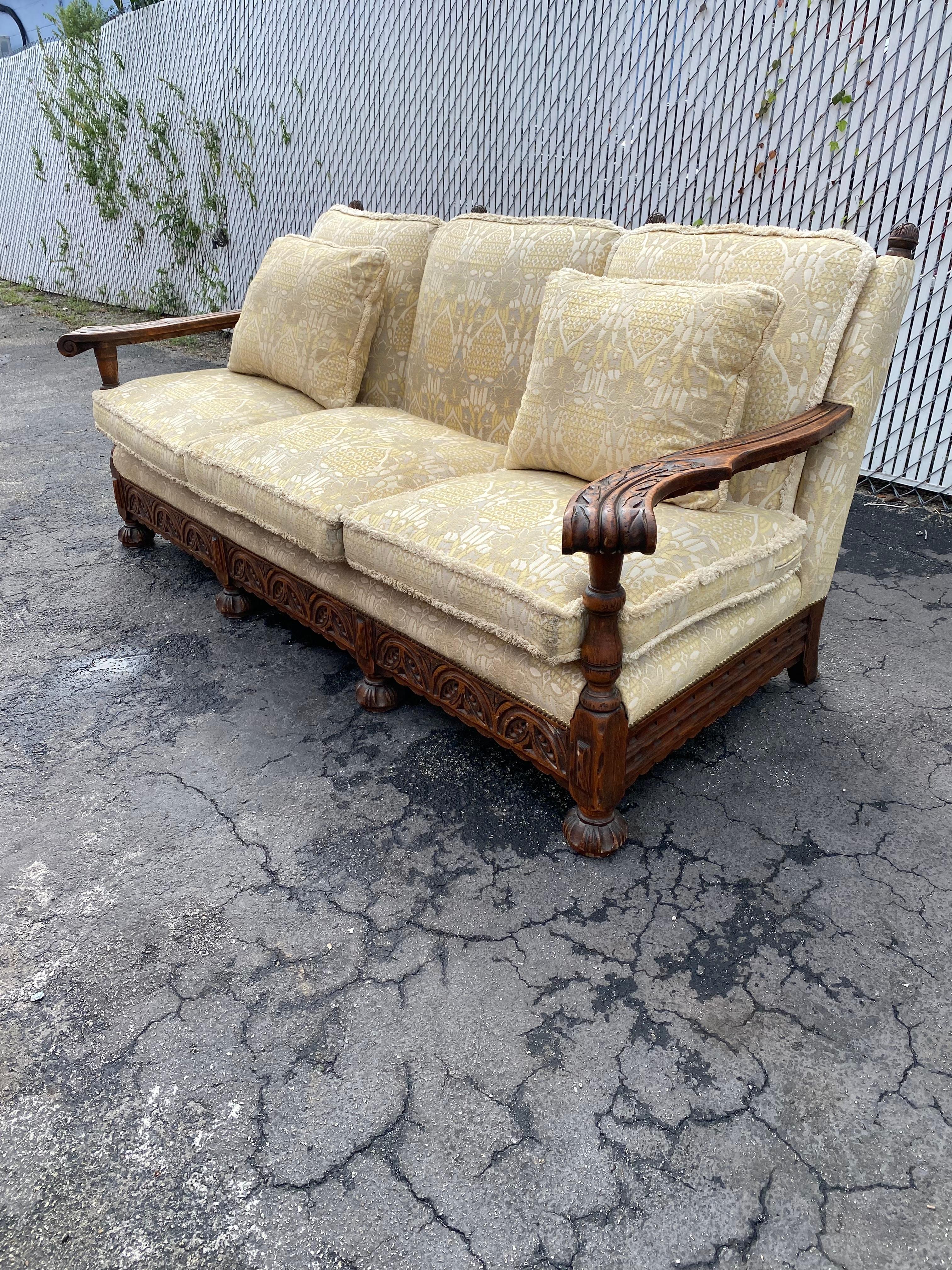 Mid-20th Century 1950s Rustic Hand Carved Wood Fringe Sofa  For Sale