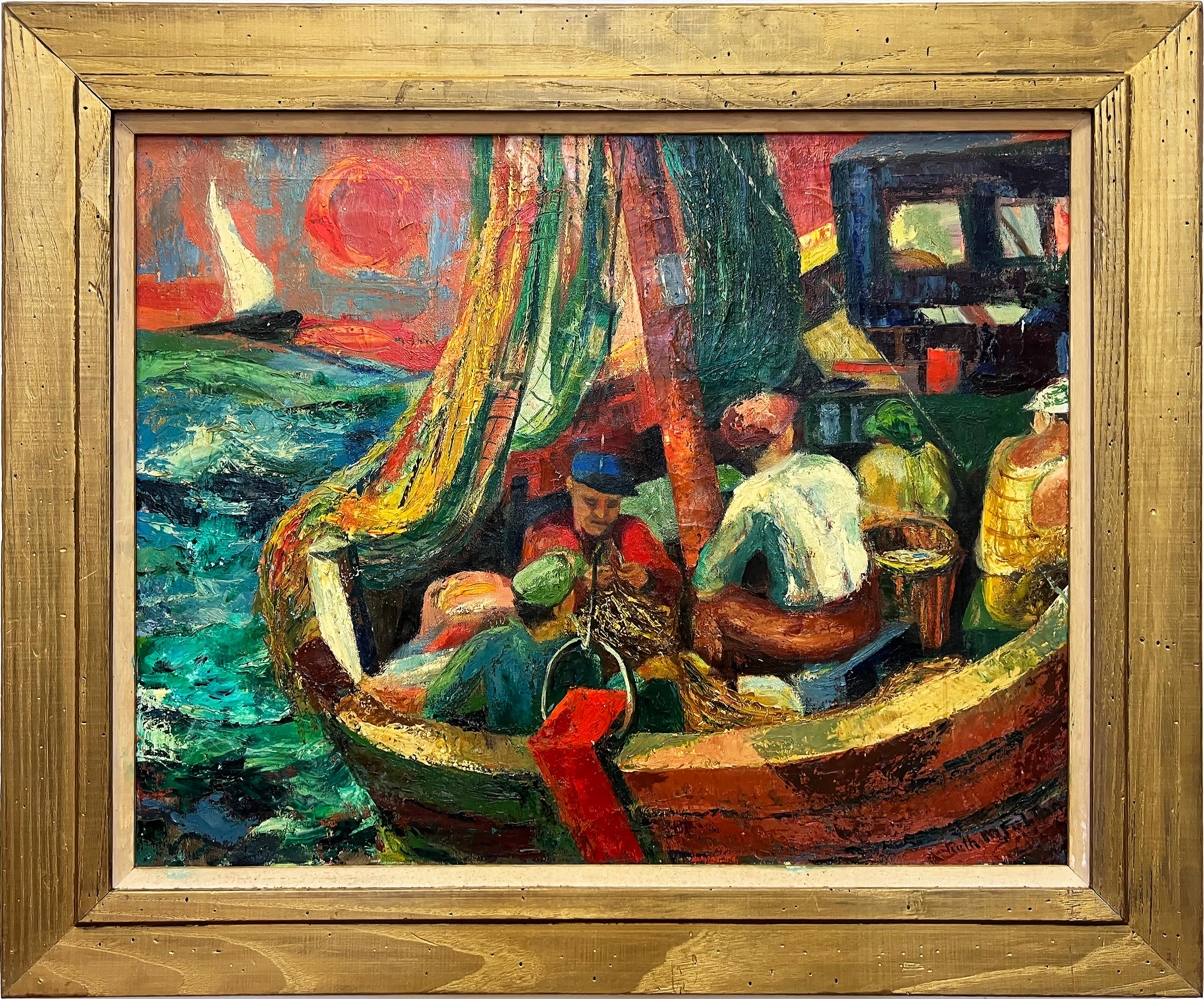 1950s Ruth M. Fulton WPA  Abstract Impressionist Painting of Sailors on a Boat For Sale 5