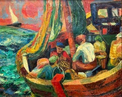 1950s Ruth M. Fulton WPA Abstract Impressionist Painting of Sailors on a Boat