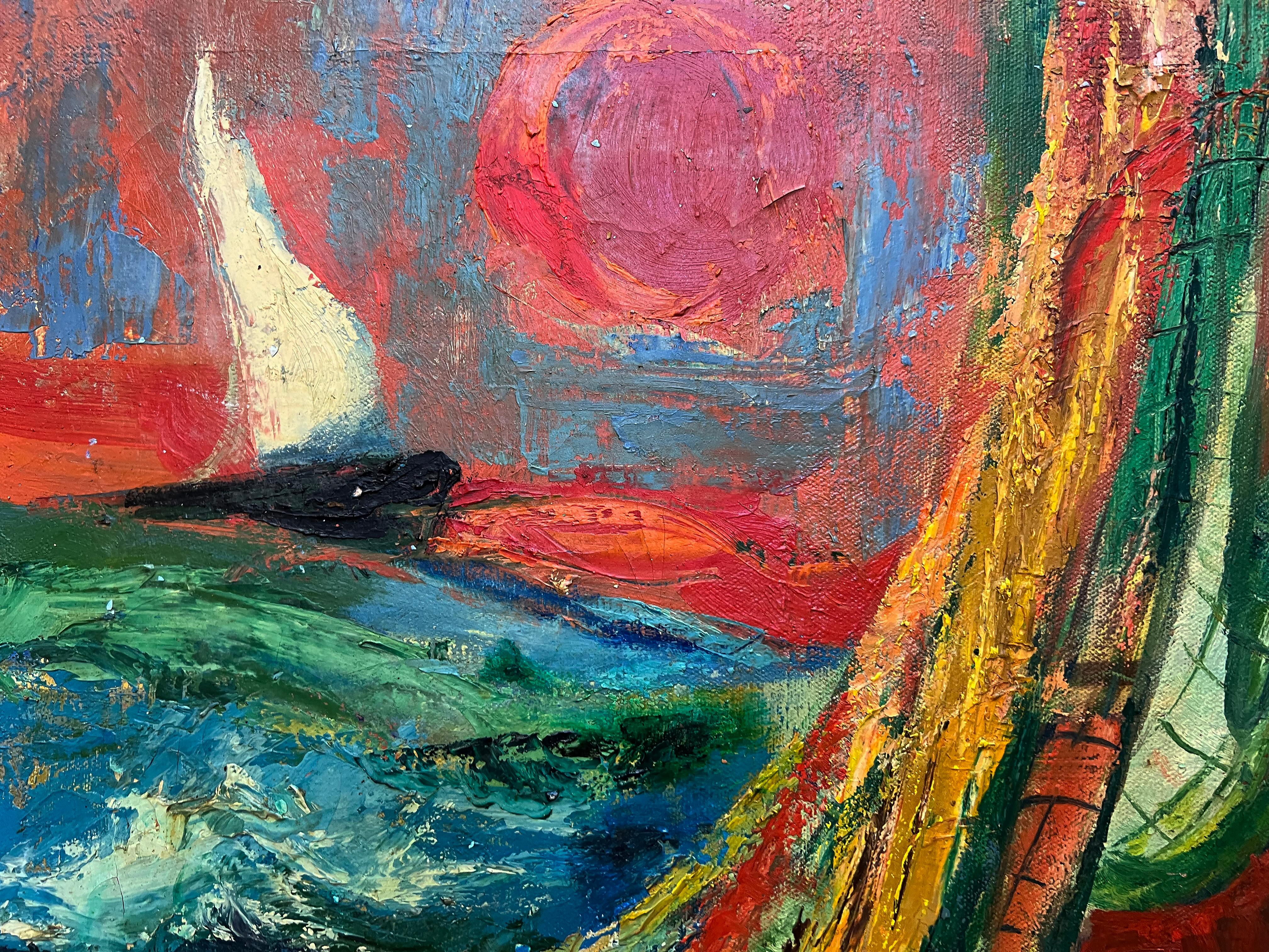 Années 1950 A&M WPA  Peinture impressionniste abstraite représentant des marins sur un bateau Bon état - En vente à Miami, FL