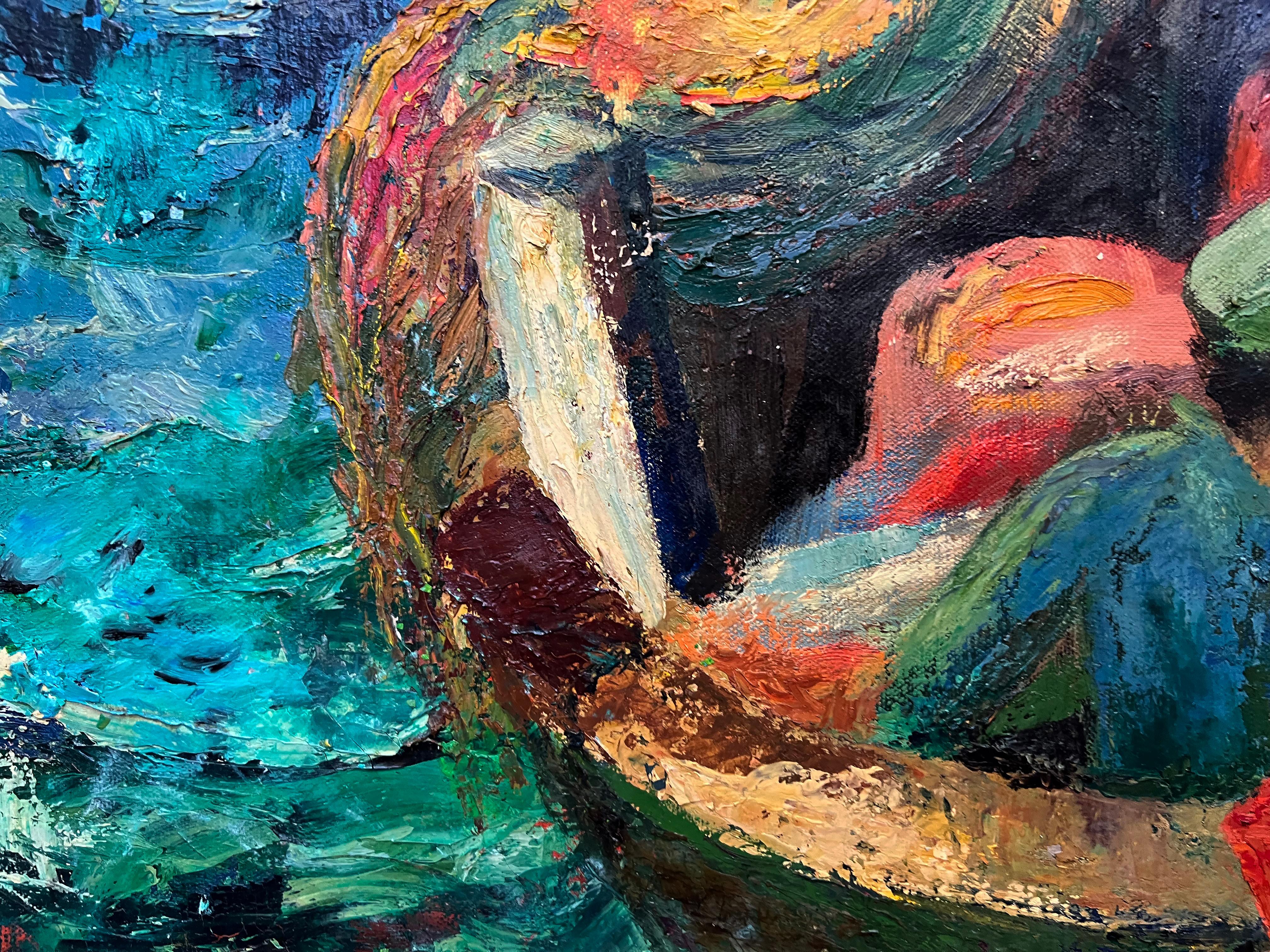 1950s Ruth M. Fulton WPA  Abstract Impressionist Painting of Sailors on a Boat In Good Condition For Sale In Miami, FL