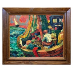 Années 1950 A&M WPA Peinture impressionniste abstraite représentant des marins sur un bateau