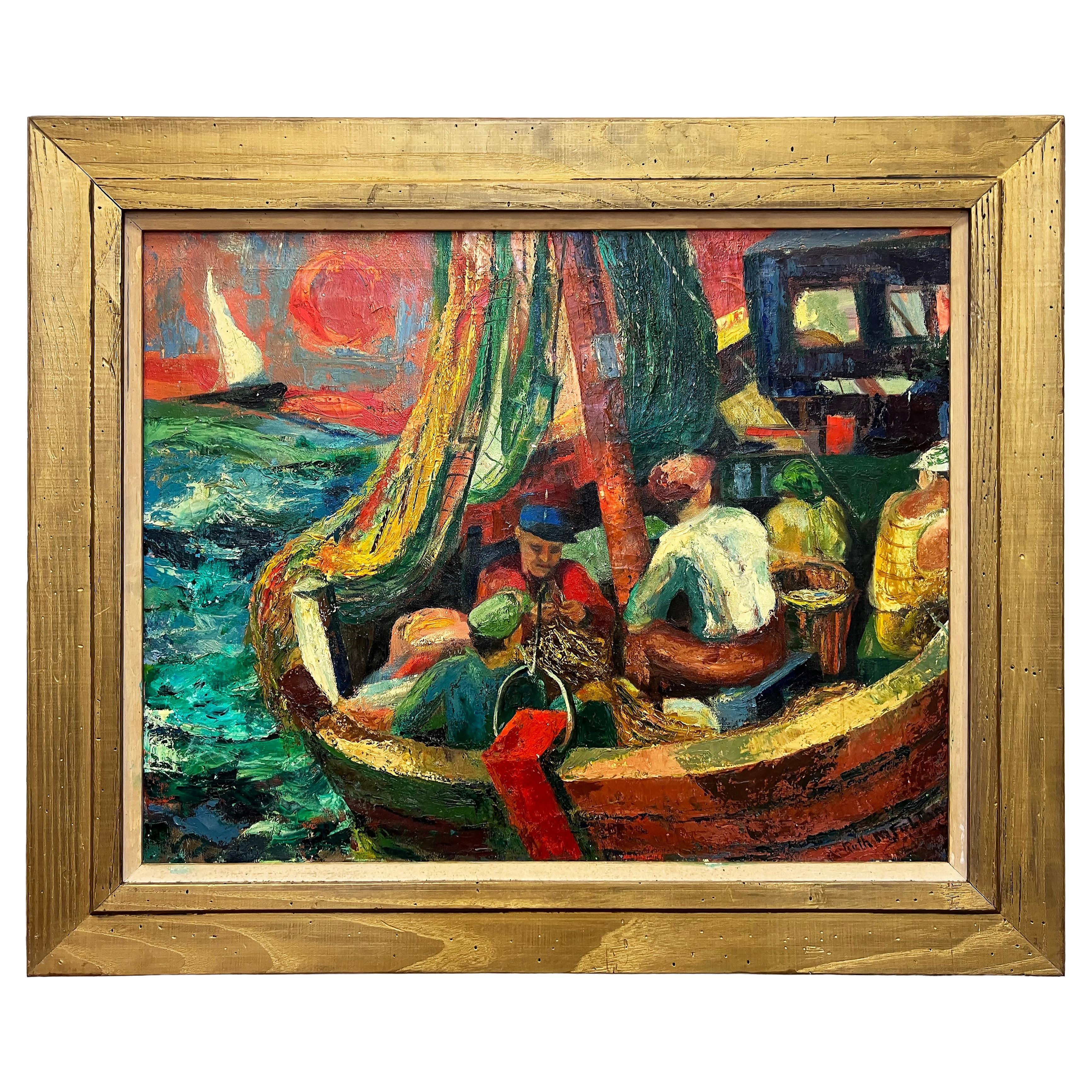 1950s Ruth M. Fulton WPA  Abstract Impressionist Painting of Sailors on a Boat For Sale