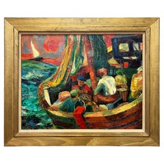 Retro 1950s Ruth M. Fulton WPA  Abstract Impressionist Painting of Sailors on a Boat
