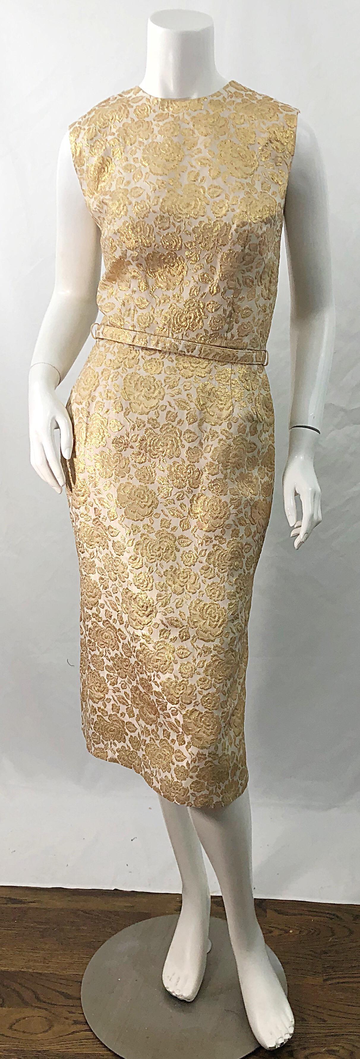 1950s Sa'Bett of California Demi Couture Vintage 50s Kleid aus goldener Seide mit Brokatmuster im Angebot 8