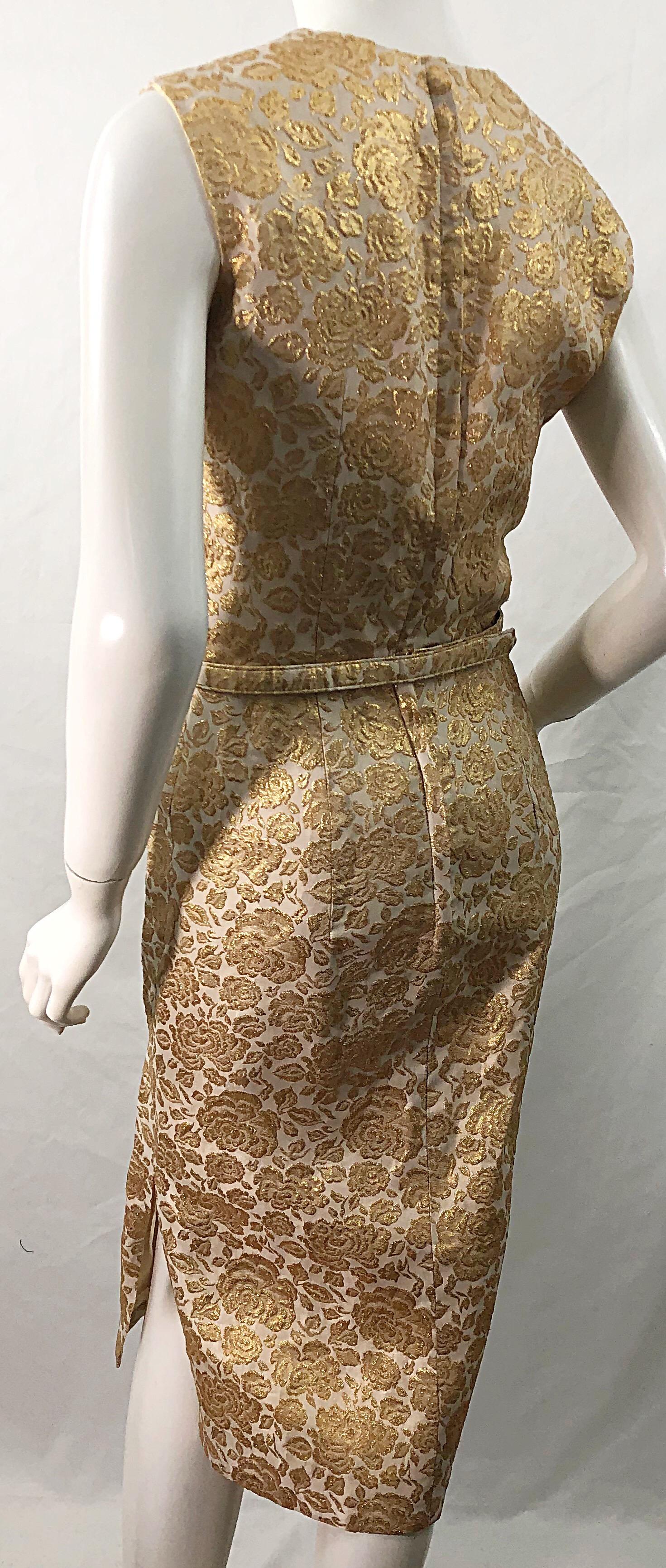 1950s Sa'Bett of California Demi Couture Vintage 50s Kleid aus goldener Seide mit Brokatmuster Damen im Angebot