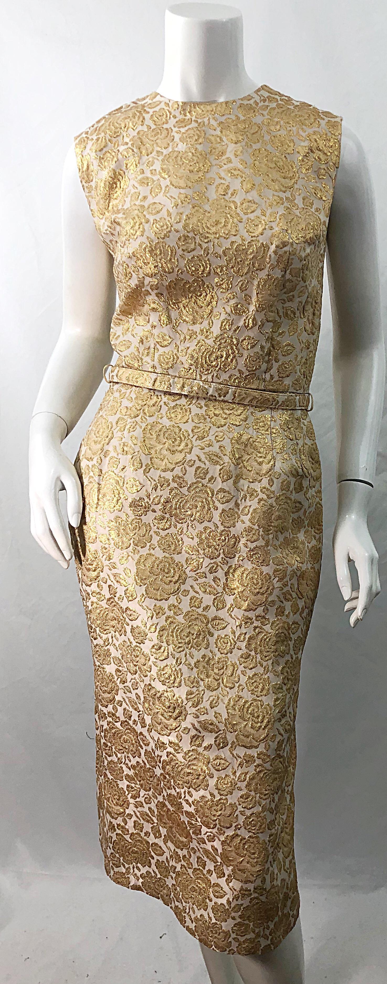 1950s Sa'Bett of California Demi Couture Vintage 50s Kleid aus goldener Seide mit Brokatmuster im Angebot 1