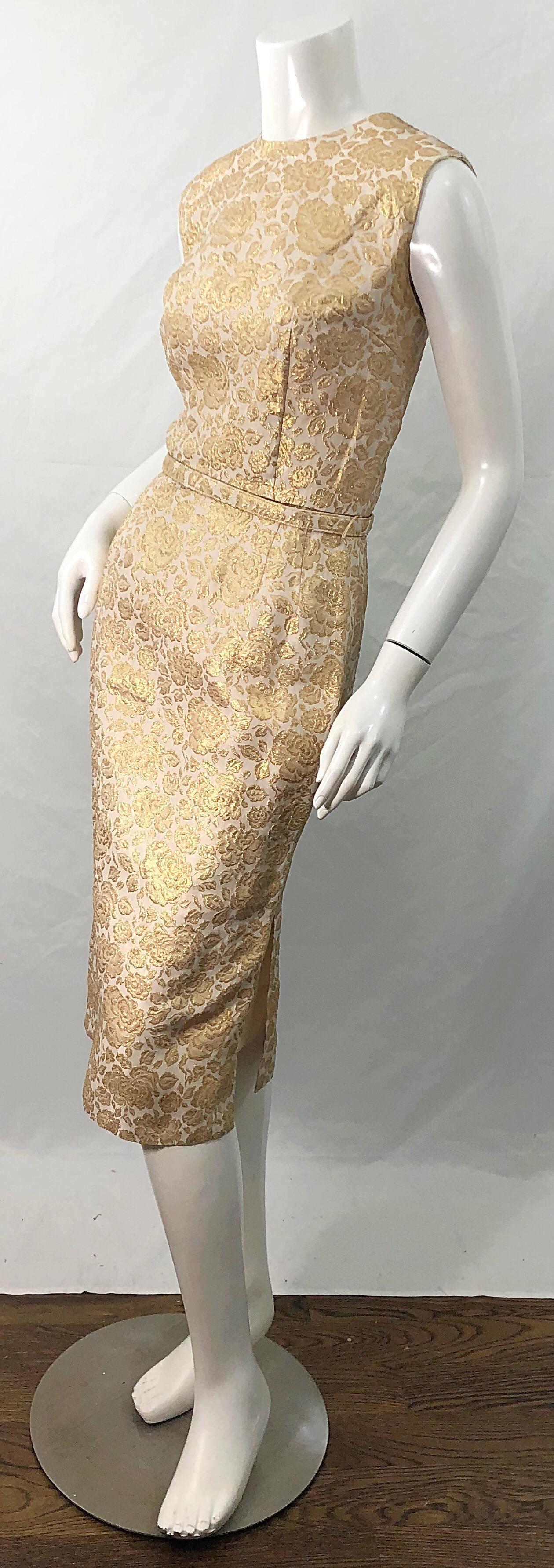 1950s Sa'Bett of California Demi Couture Vintage 50s Kleid aus goldener Seide mit Brokatmuster im Angebot 2