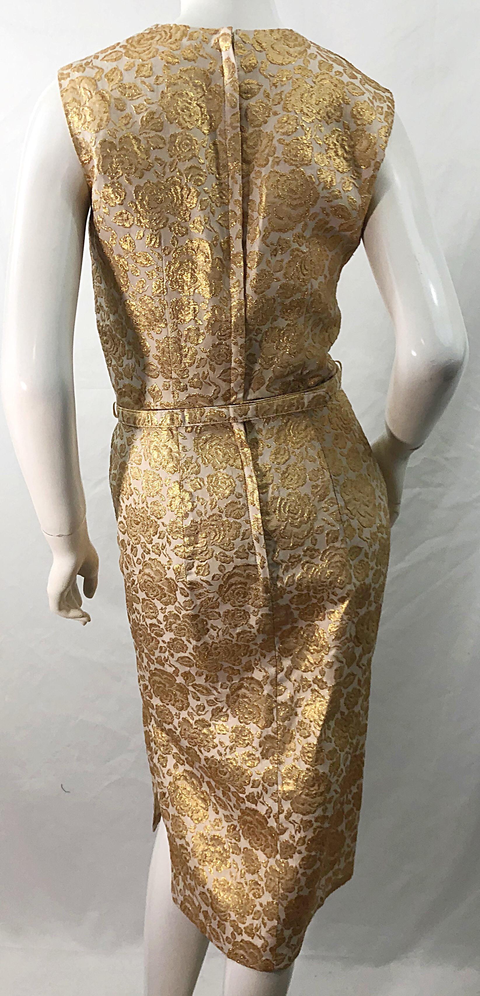 1950s Sa'Bett of California Demi Couture Vintage 50s Kleid aus goldener Seide mit Brokatmuster im Angebot 3
