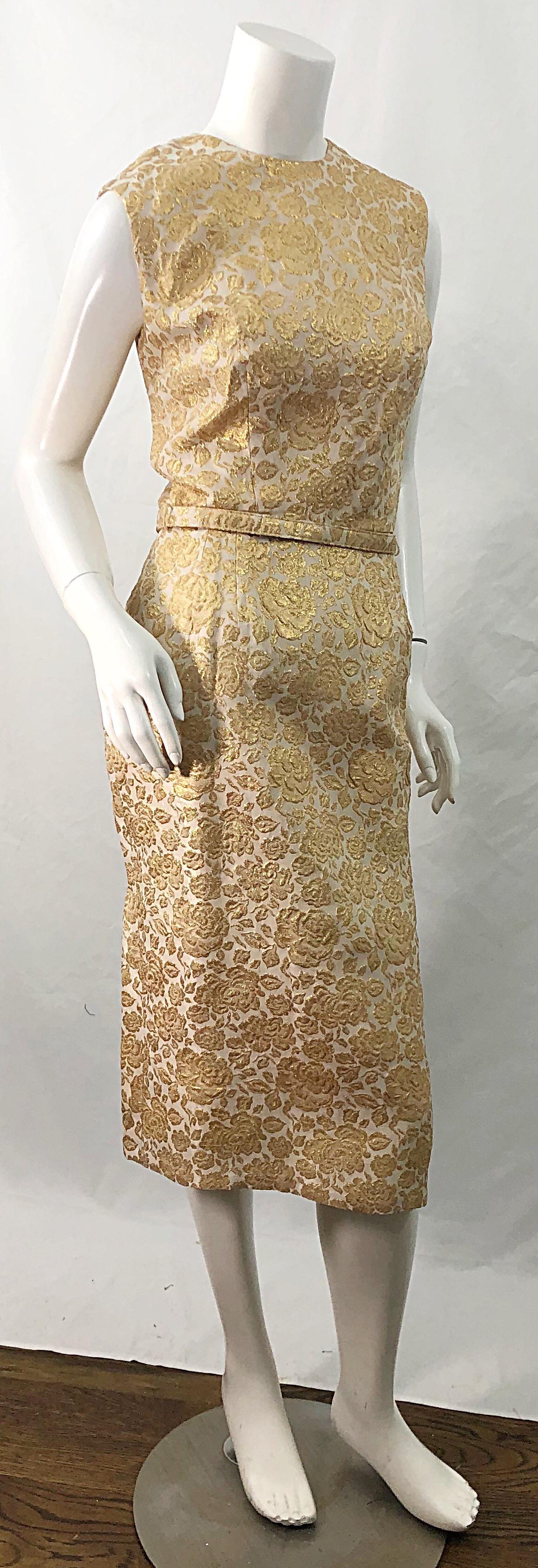 1950s Sa'Bett of California Demi Couture Vintage 50s Kleid aus goldener Seide mit Brokatmuster im Angebot 4