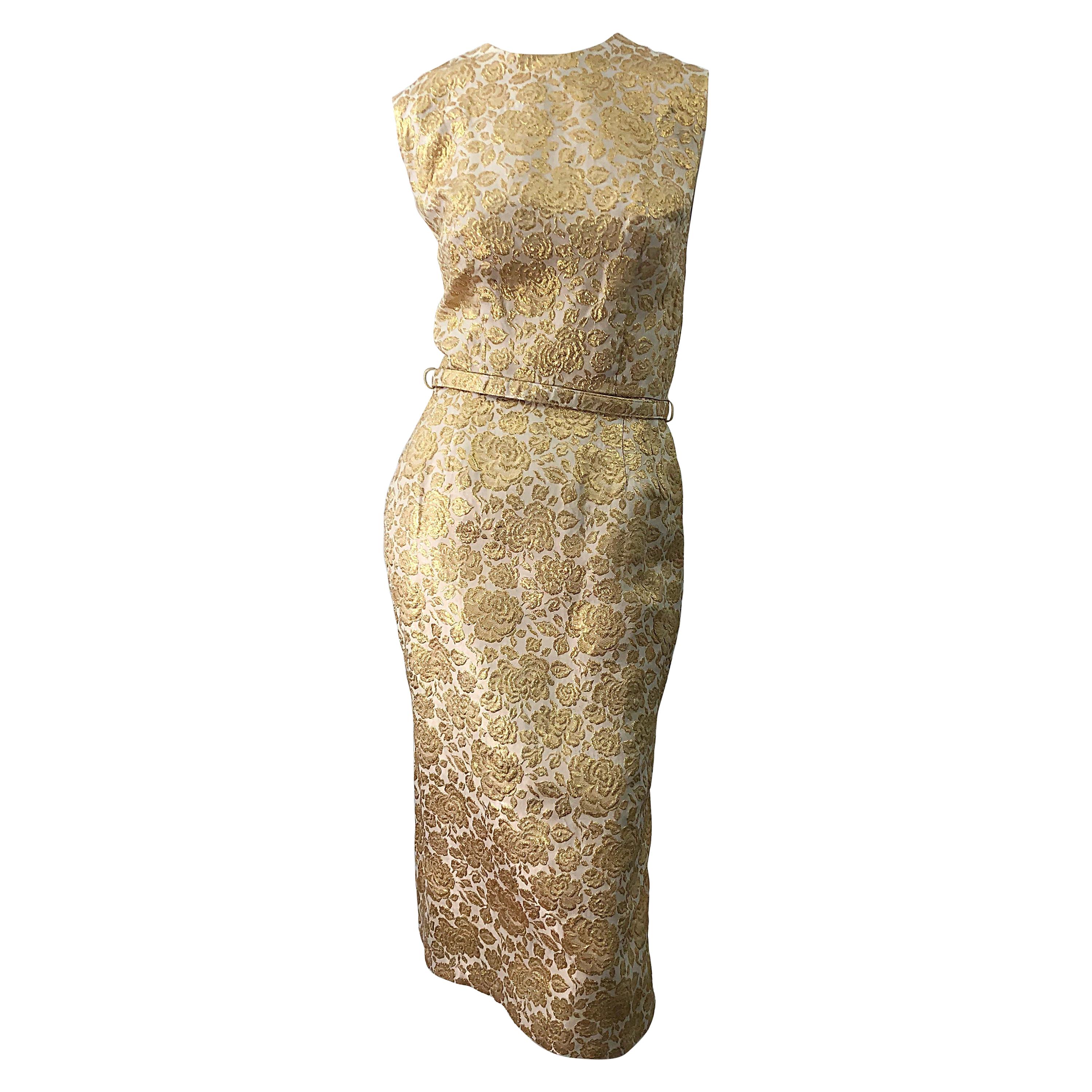 1950s Sa'Bett of California Demi Couture Vintage 50s Kleid aus goldener Seide mit Brokatmuster