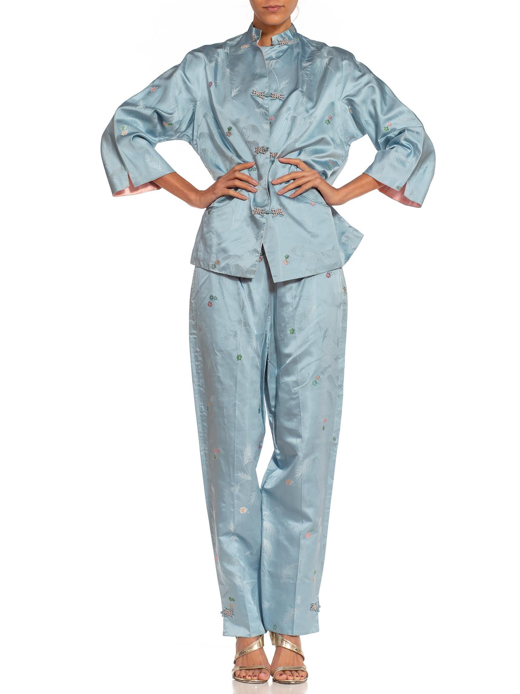 Blue 1950S Saks 5Th Ave Asian Silk Jacquard Lounge Pajamas For Sale