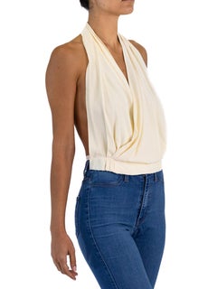 1950S SAKS - Top a mezzaluna in crepe di rayon color crema