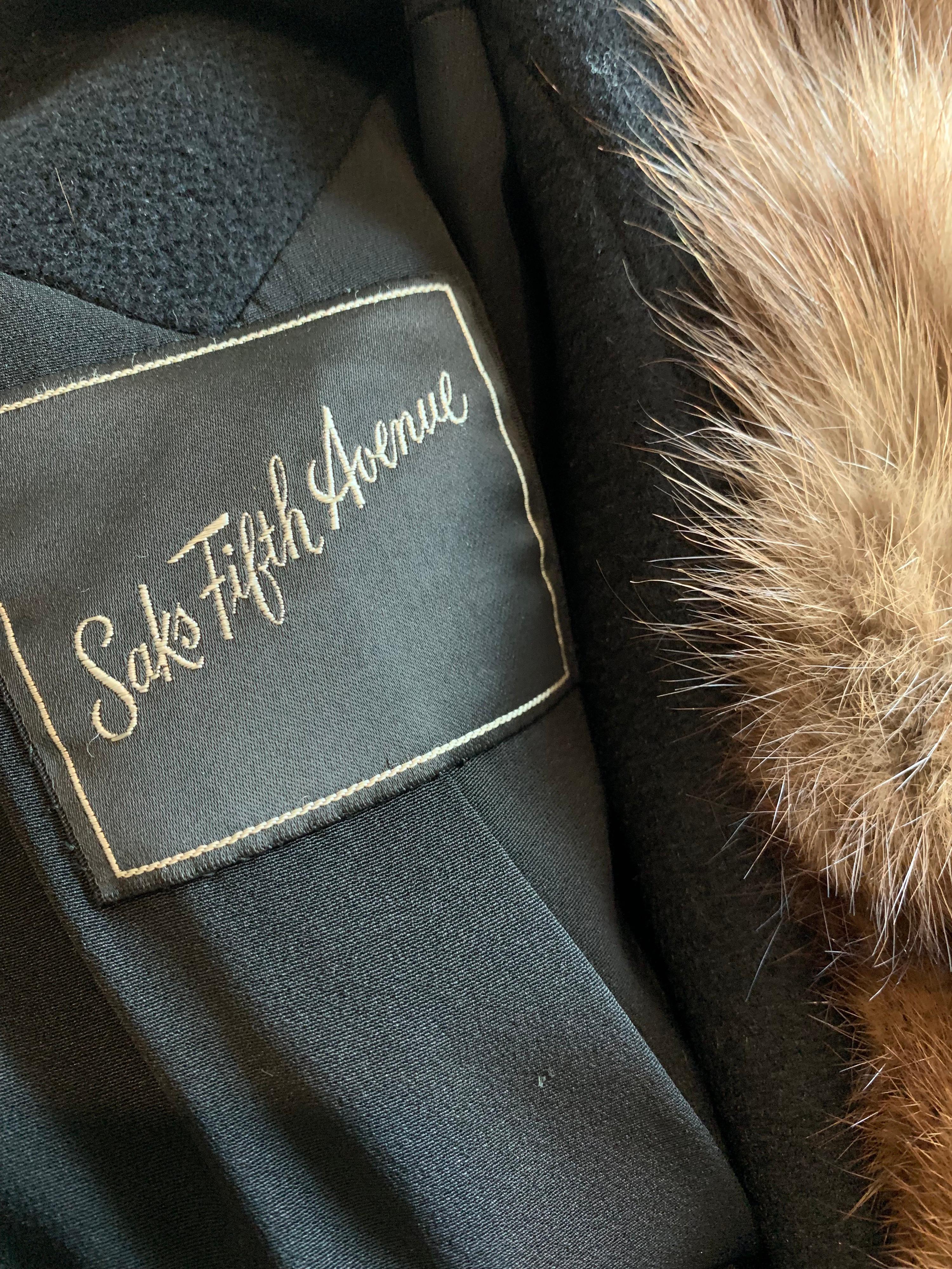 1950s Saks Fifth Avenue Black Cashmere Half-Belted Coat W/ Huge Sable Collar 4