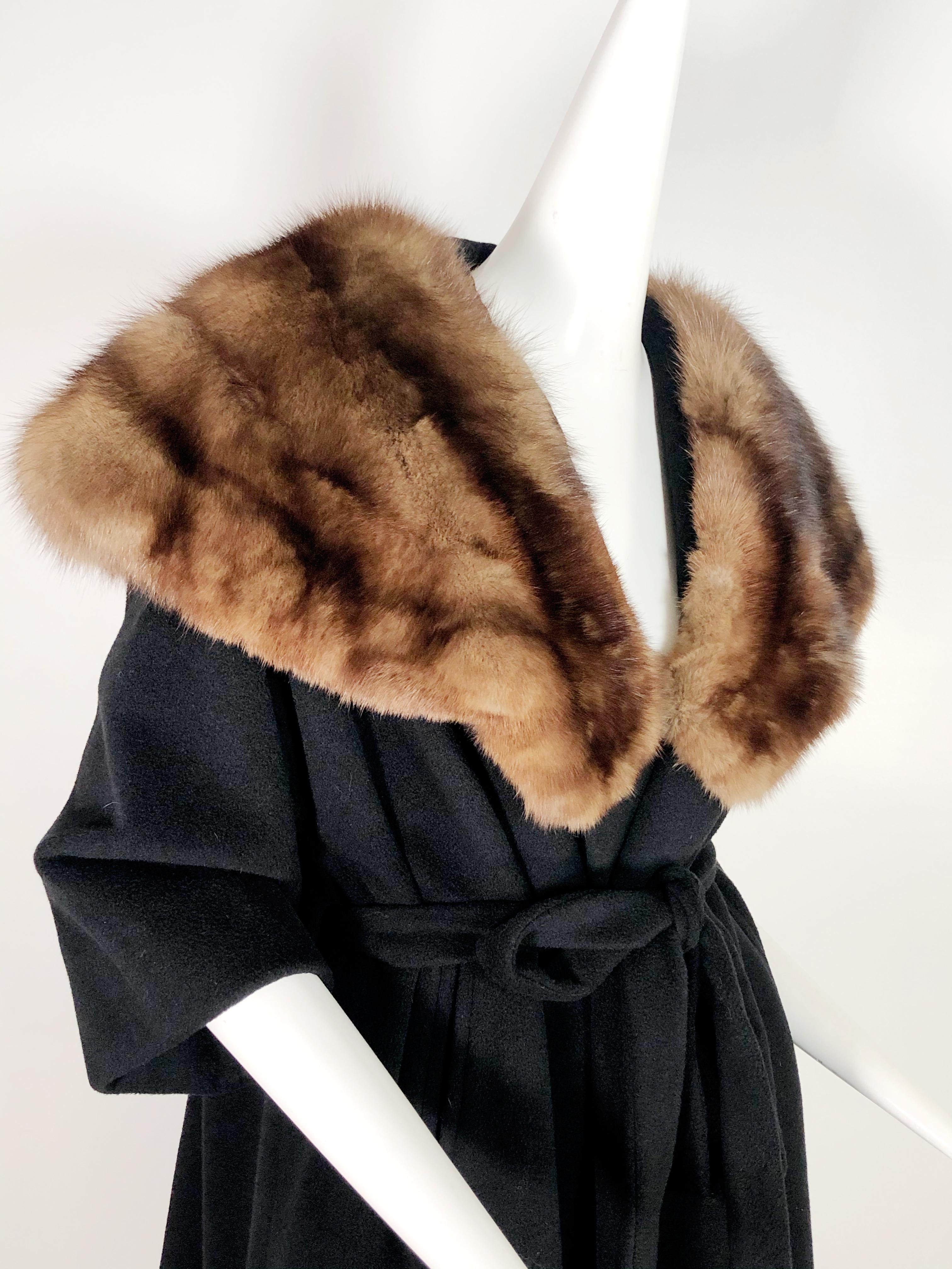 Women's 1950s Saks Fifth Avenue Black Cashmere Half-Belted Coat W/ Huge Sable Collar
