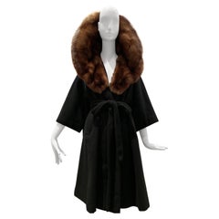 1950s Saks Fifth Avenue Black Cashmere Half-Belted Coat W/ Huge Sable Collar
