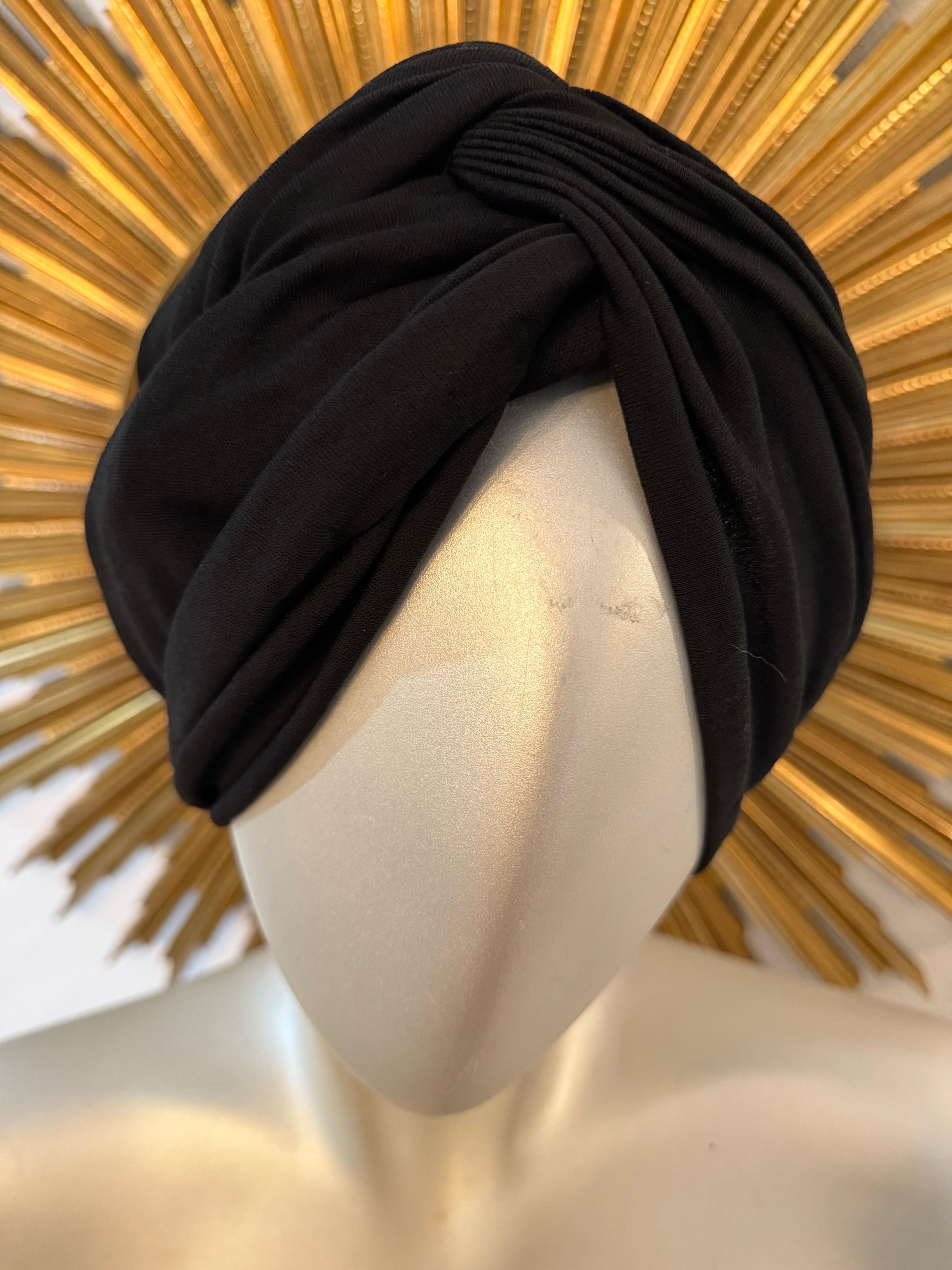 1950s Saks Fifth Avenue Black Silk Matte Jersey Draped and Knotted Turban In Excellent Condition For Sale In Gresham, OR