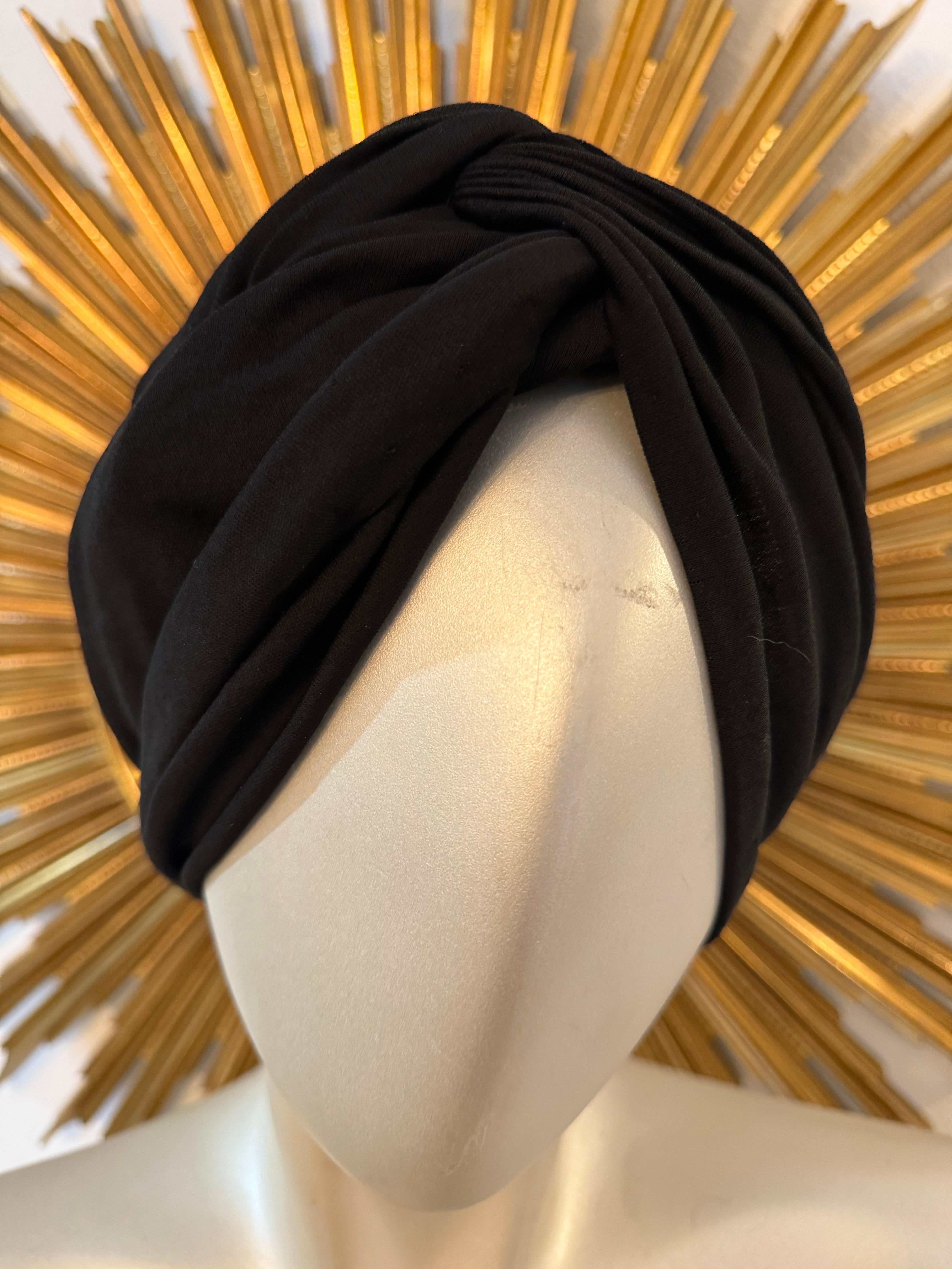 Women's 1950s Saks Fifth Avenue Black Silk Matte Jersey Draped and Knotted Turban For Sale
