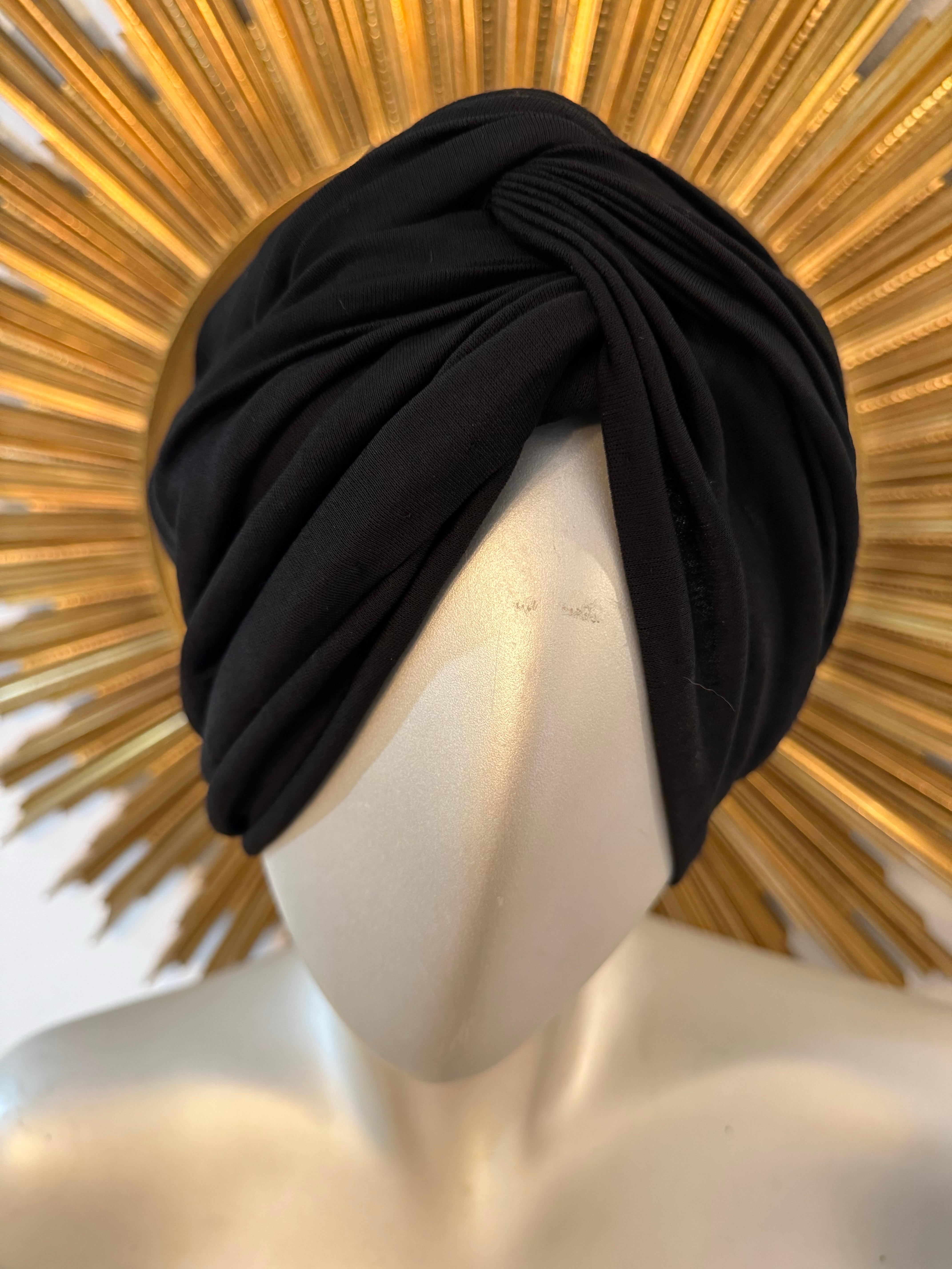 1950s Saks Fifth Avenue Black Silk Matte Jersey Draped and Knotted Turban For Sale 1