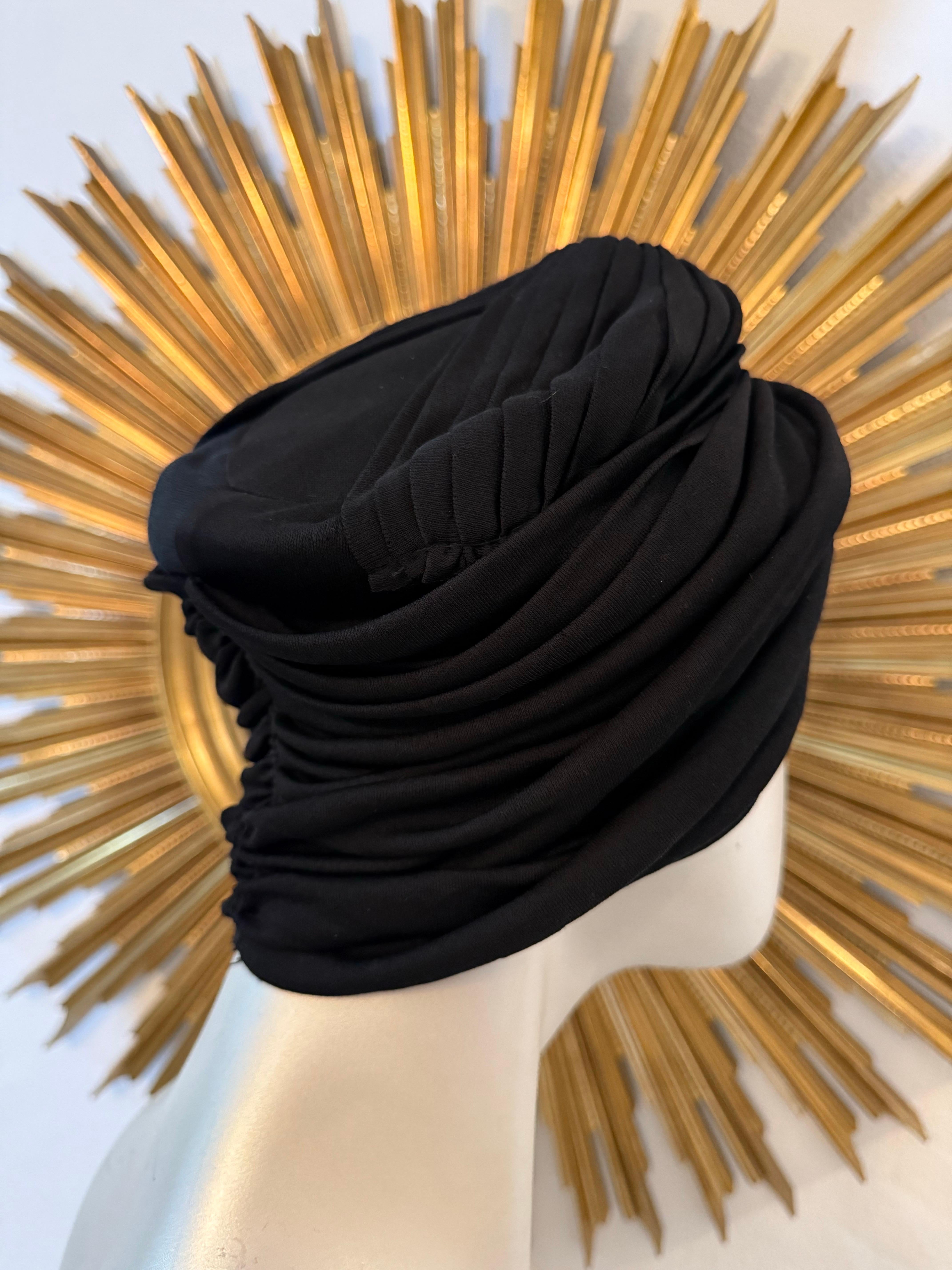 1950s Saks Fifth Avenue Black Silk Matte Jersey Draped and Knotted Turban For Sale 2