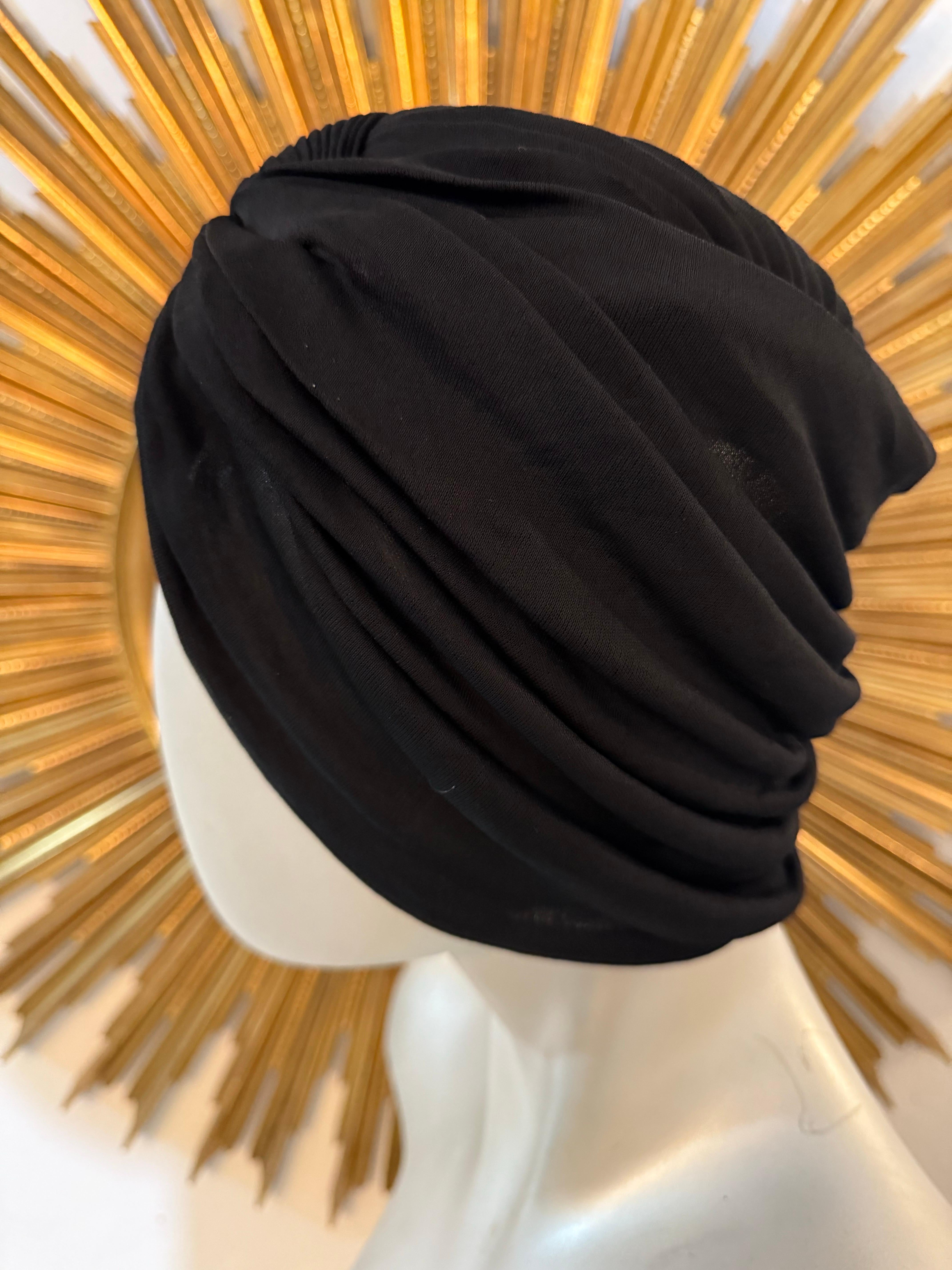1950s Saks Fifth Avenue Black Silk Matte Jersey Draped and Knotted Turban For Sale 3