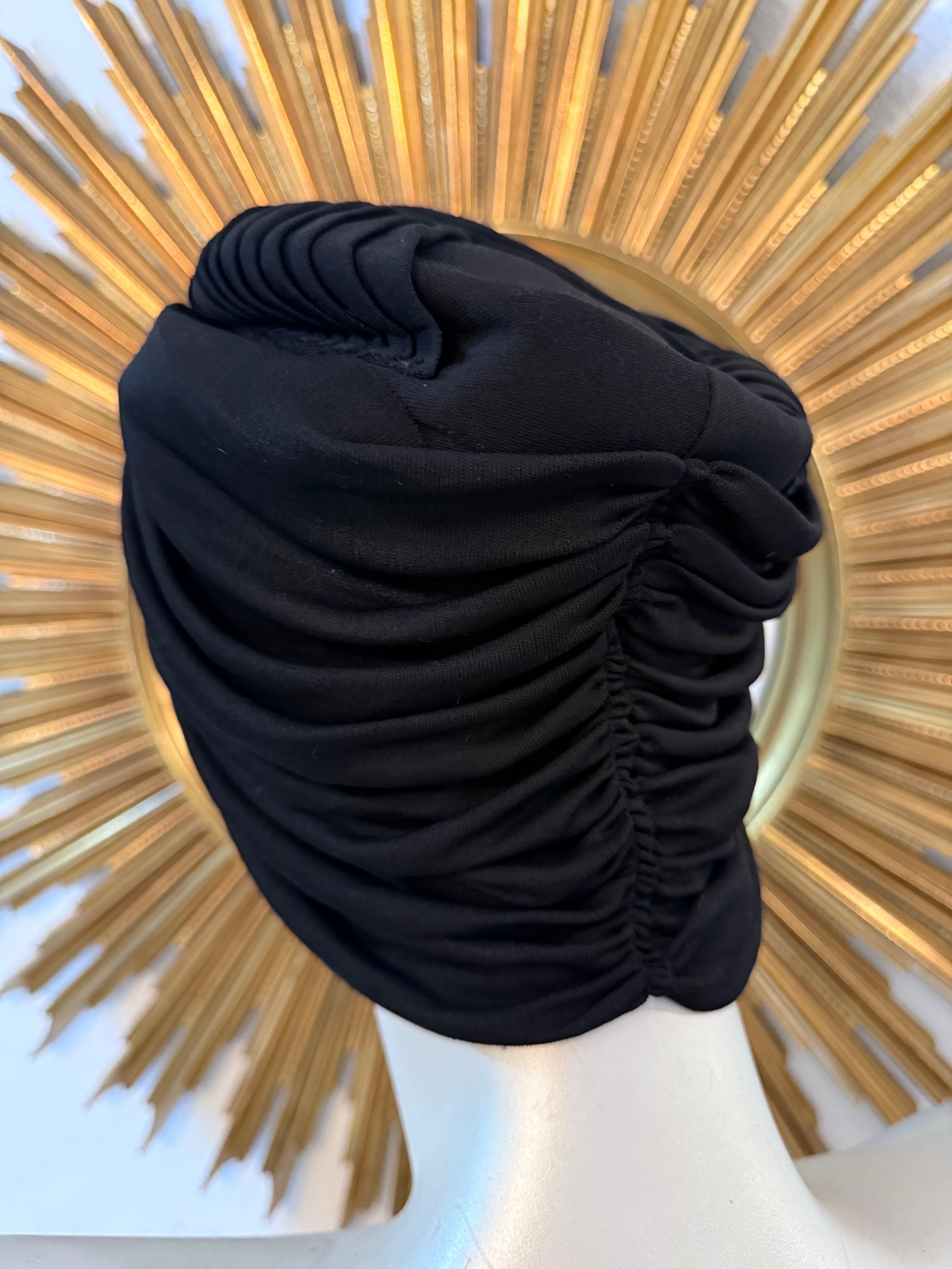 1950s Saks Fifth Avenue Black Silk Matte Jersey Draped and Knotted Turban For Sale 4