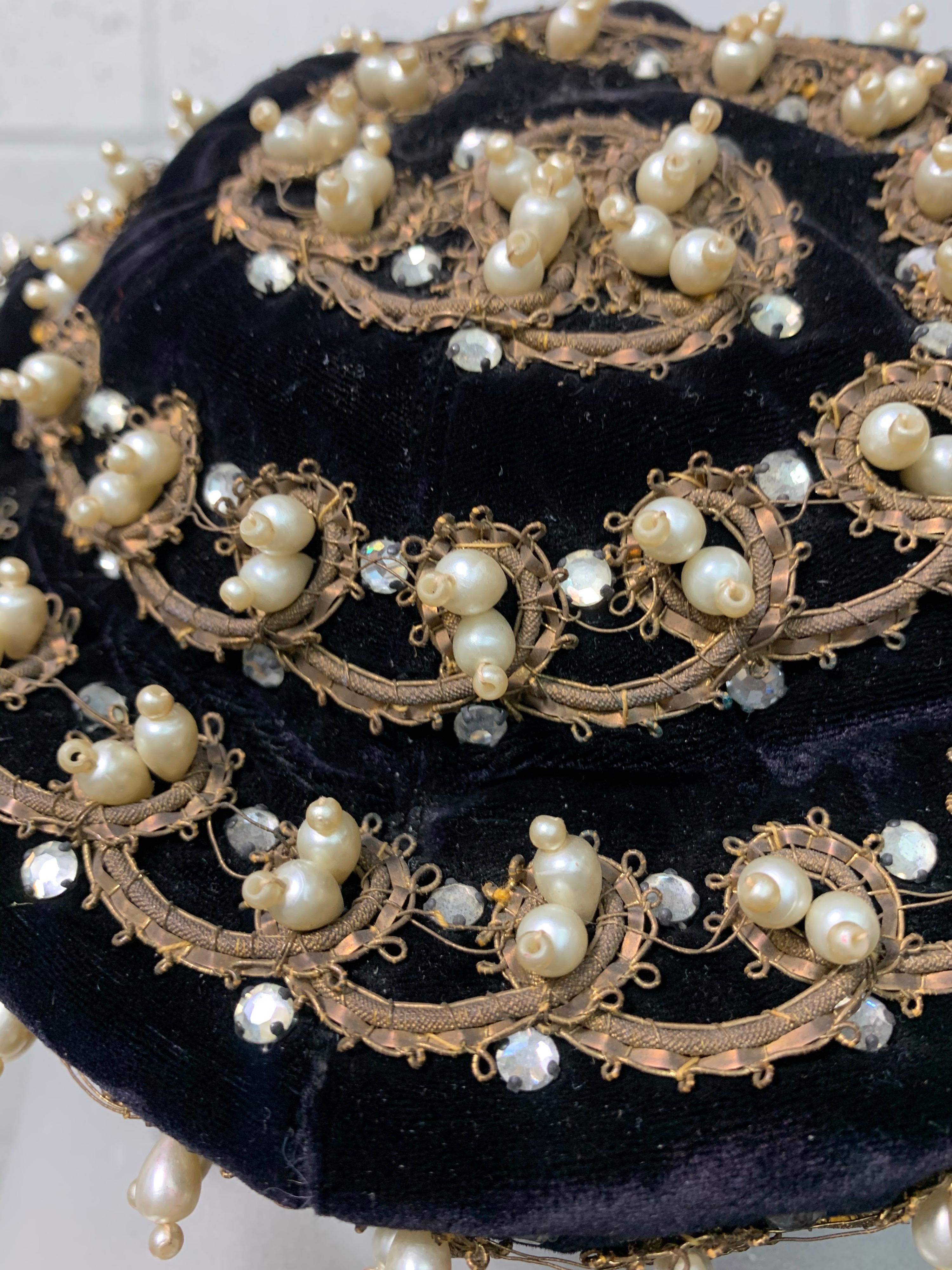 Black Velour Hat with Gold Applique Detail by Saks Fifth Avenue