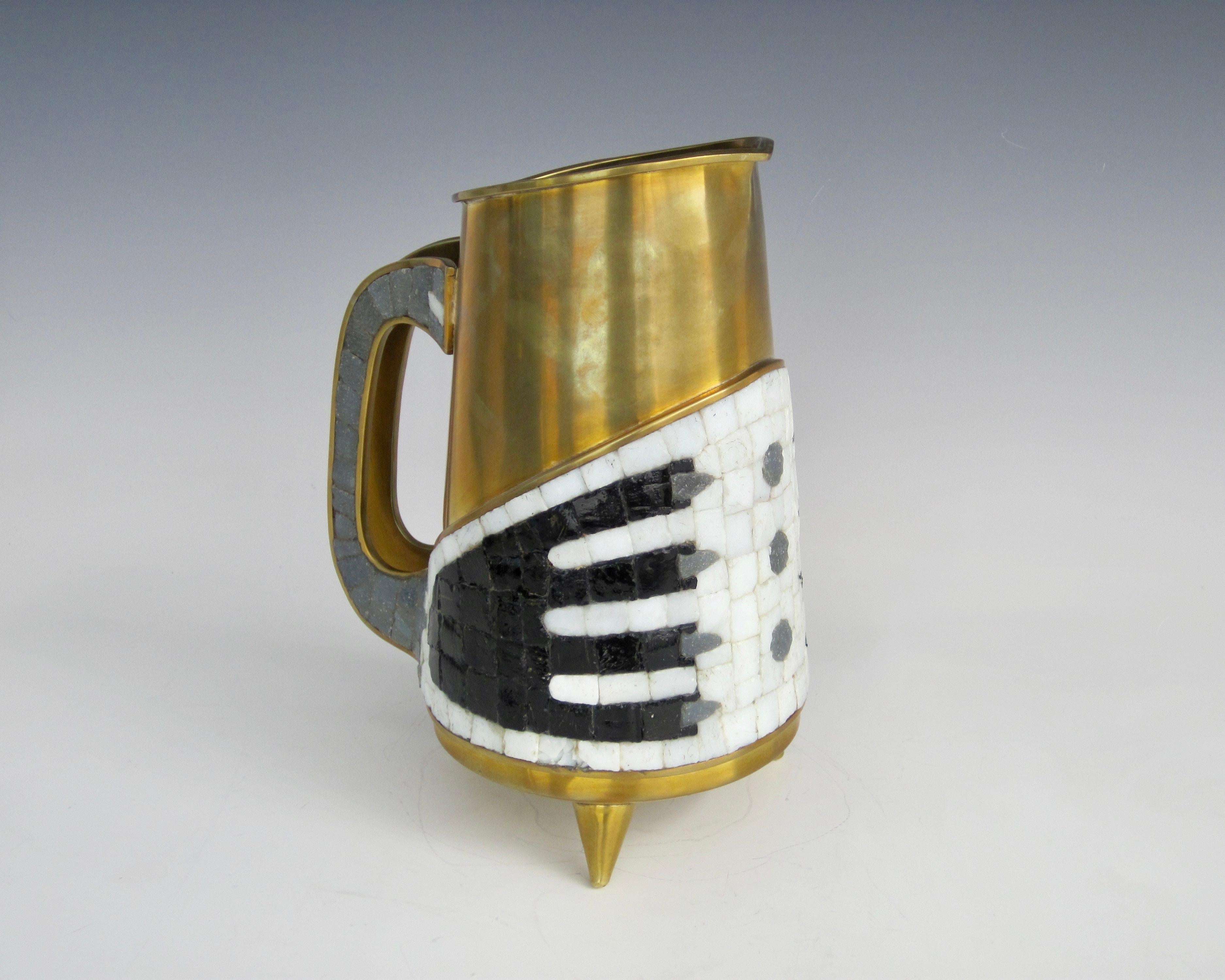 Mid-Century Modern 1950s Salvador Teran Mosaic and Brass Water Pitcher  For Sale