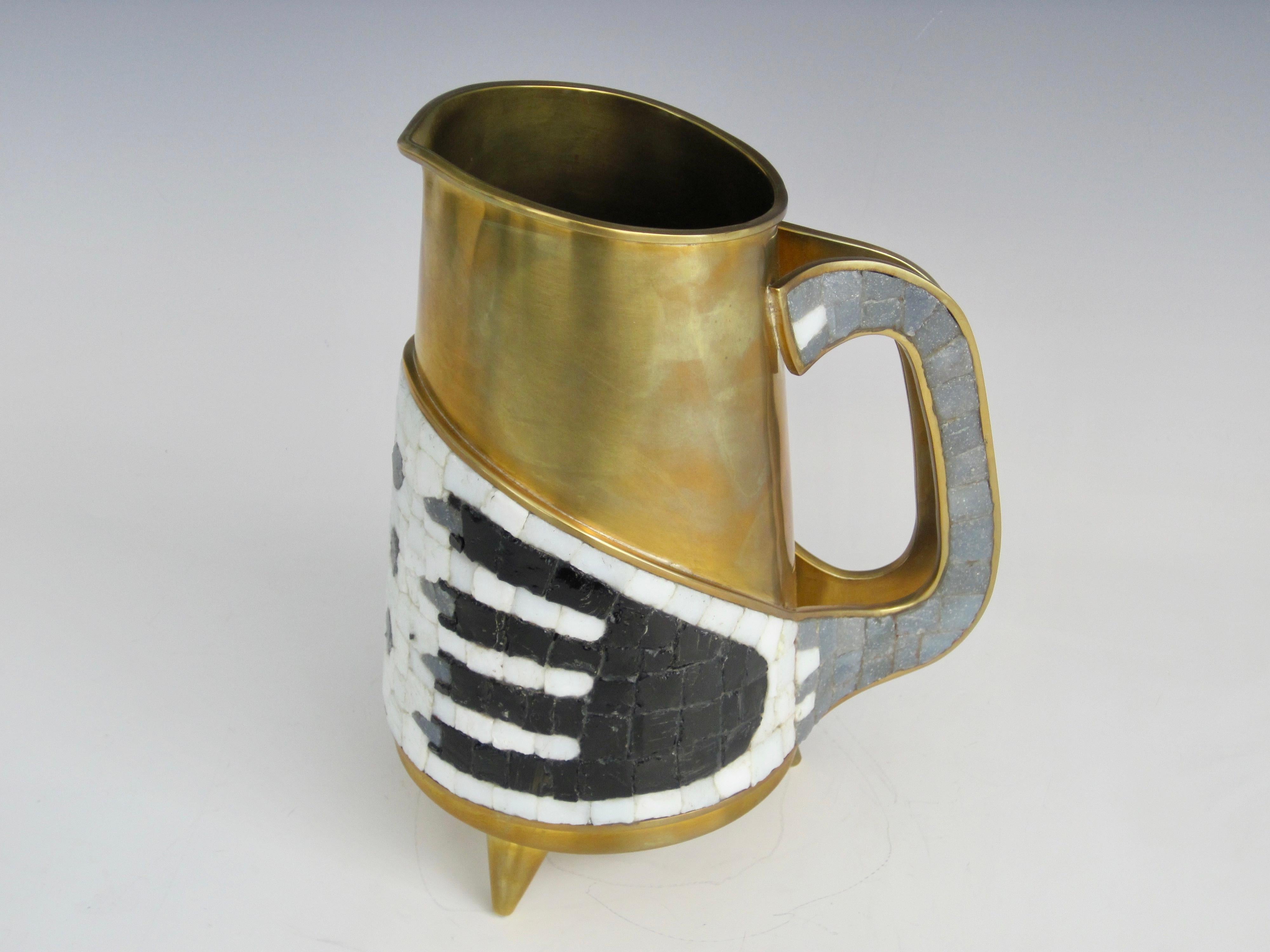 1950s Salvador Teran Mosaic and Brass Water Pitcher  For Sale 1