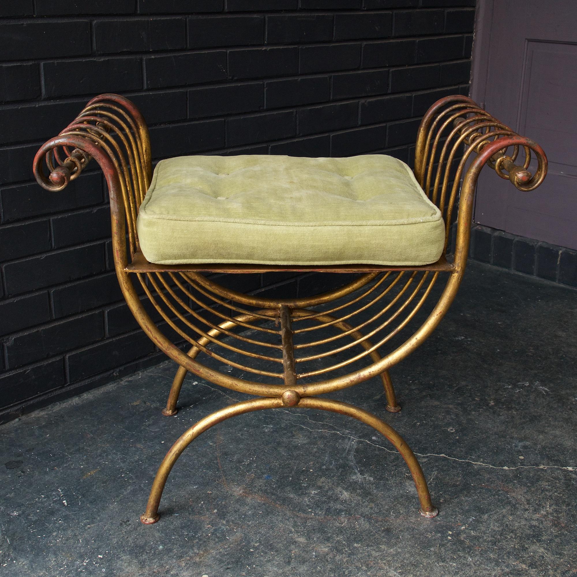 S. Salvadori 1950s Italian stool or small bench is composed of a enameled gilt metal frame and original velvet cushion. Inspired by a Greek lyre harp form. Retains a metal hang tag marked Italy.