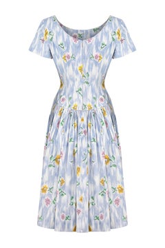 1950s Sambo Fashions Cotton Floral Print Dress With Full Skirt