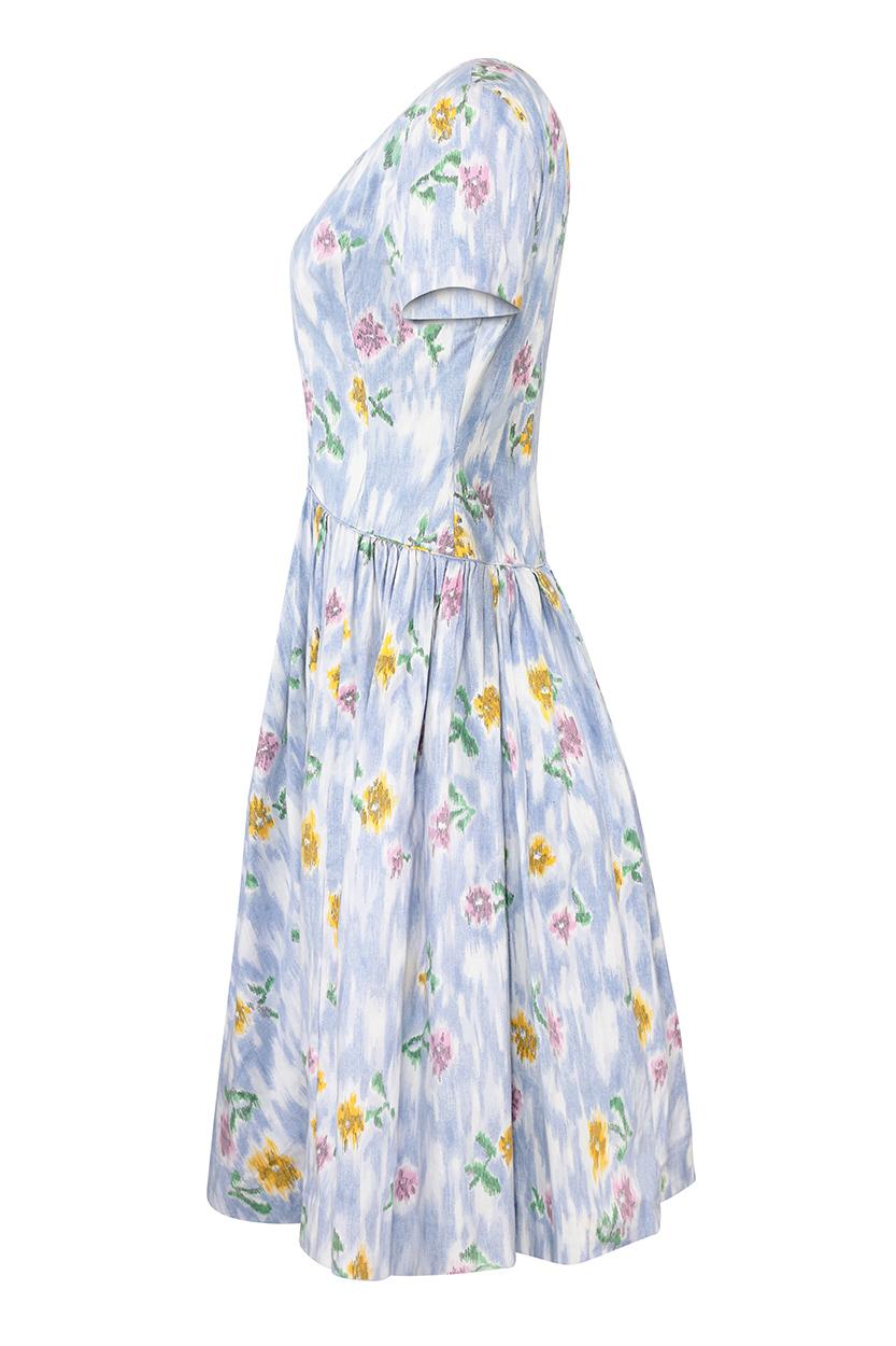 Gray 1950s Sambo Fashions Cotton Floral Print Dress With Full Skirt For Sale