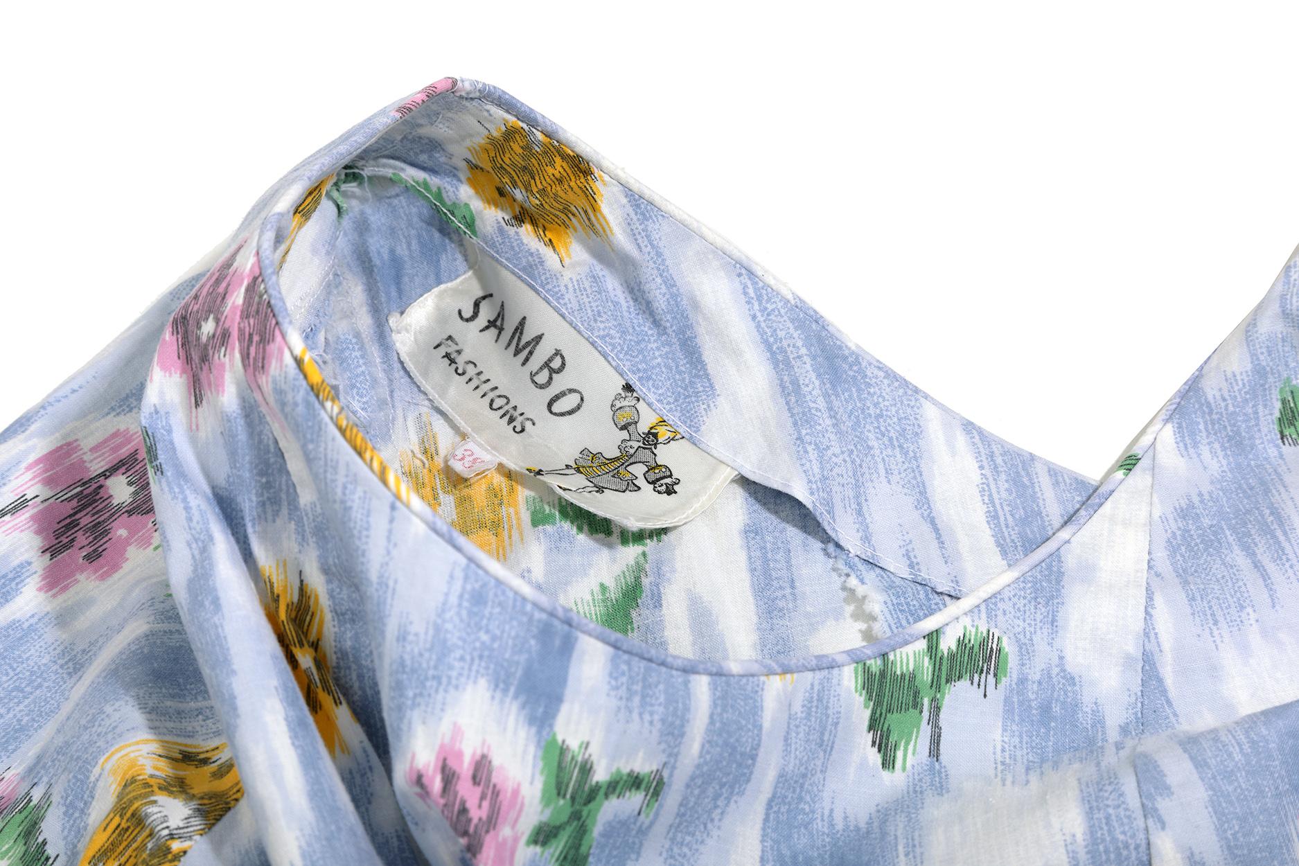 Women's 1950s Sambo Fashions Cotton Floral Print Dress With Full Skirt For Sale