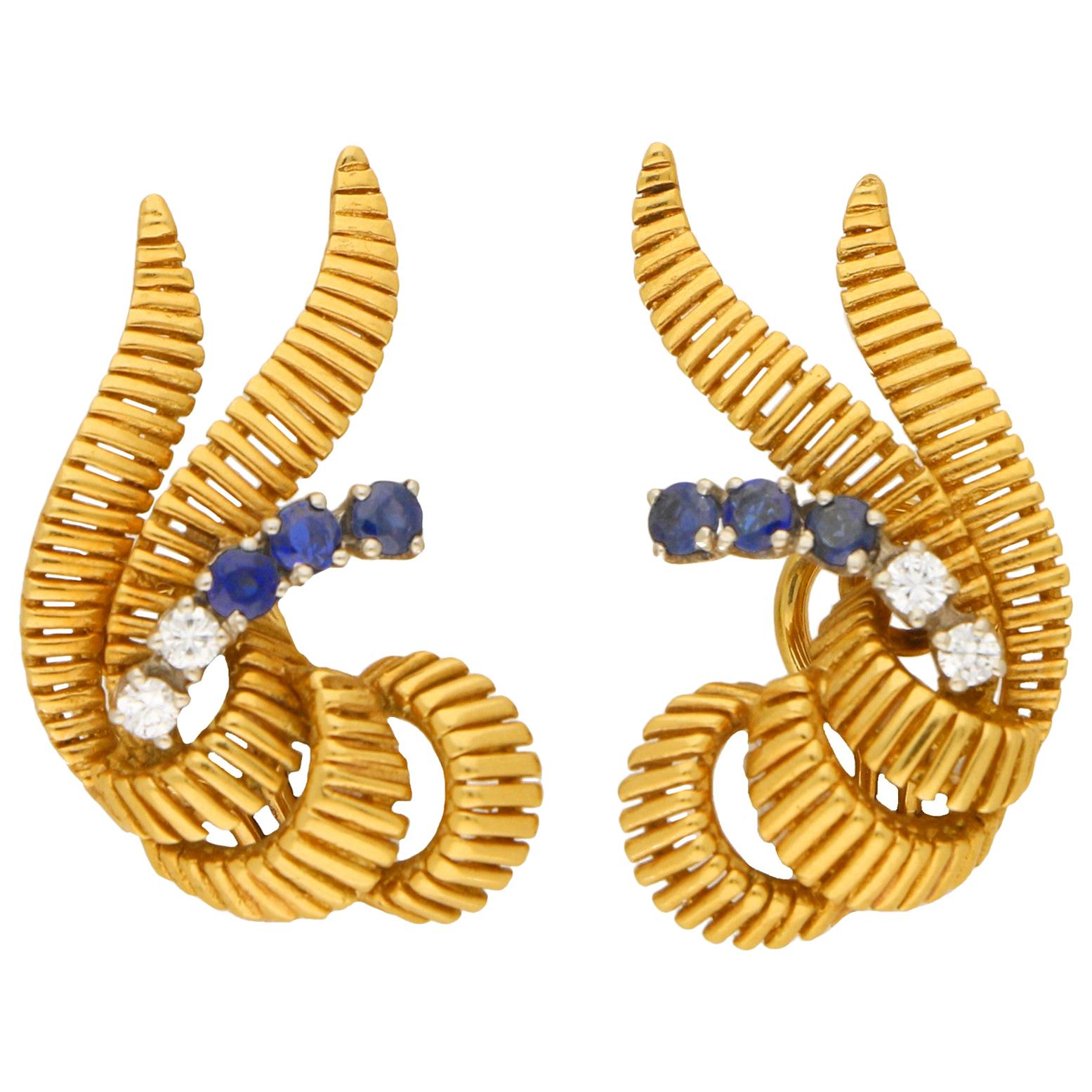 1950s Sapphire and Diamond Clip-On Earrings Set in 18 Karat Yellow