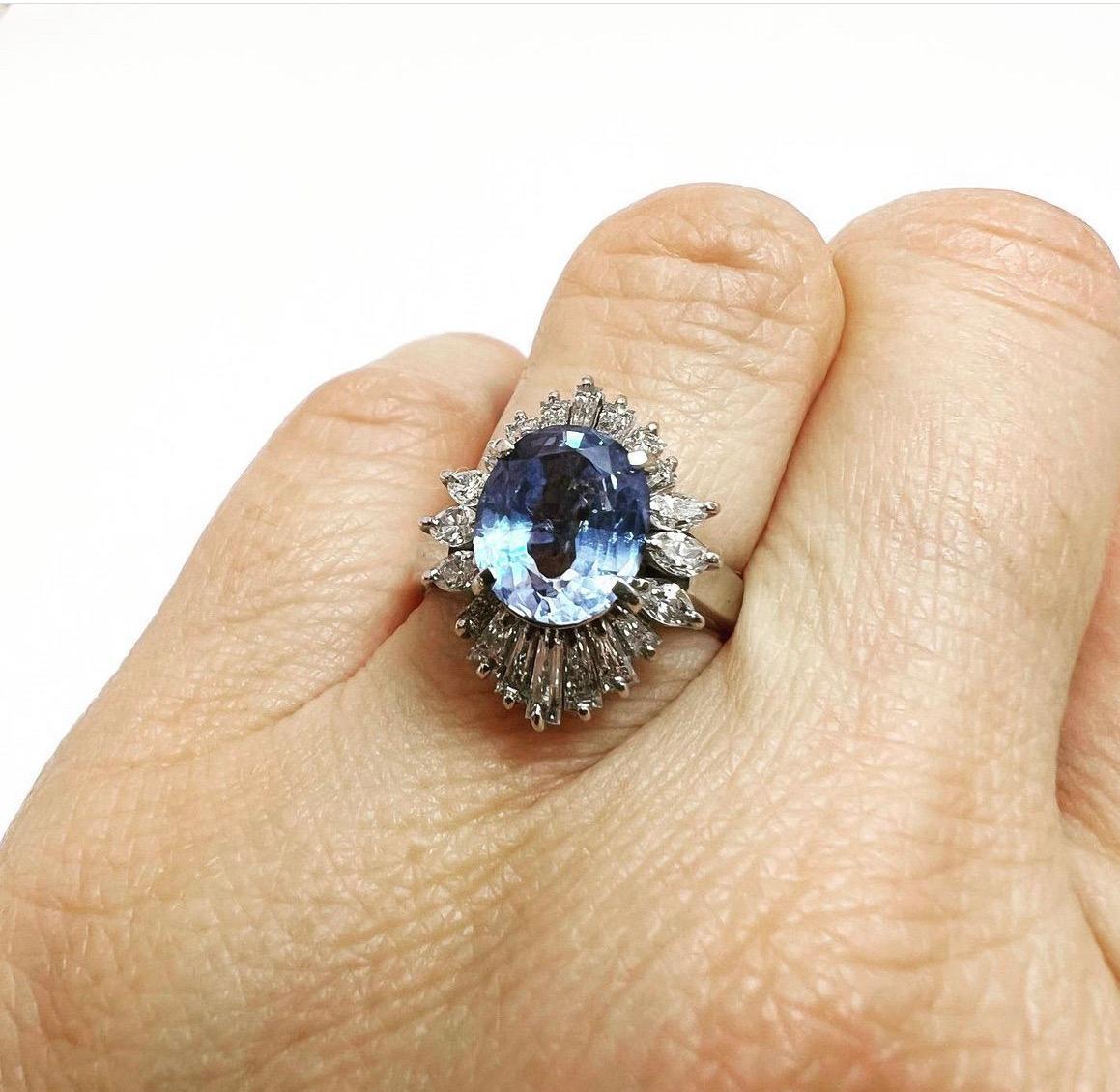 1950s, Sapphire and Diamonds Halo 900m Platinum Cluster Engagement Cocktail Ring 2