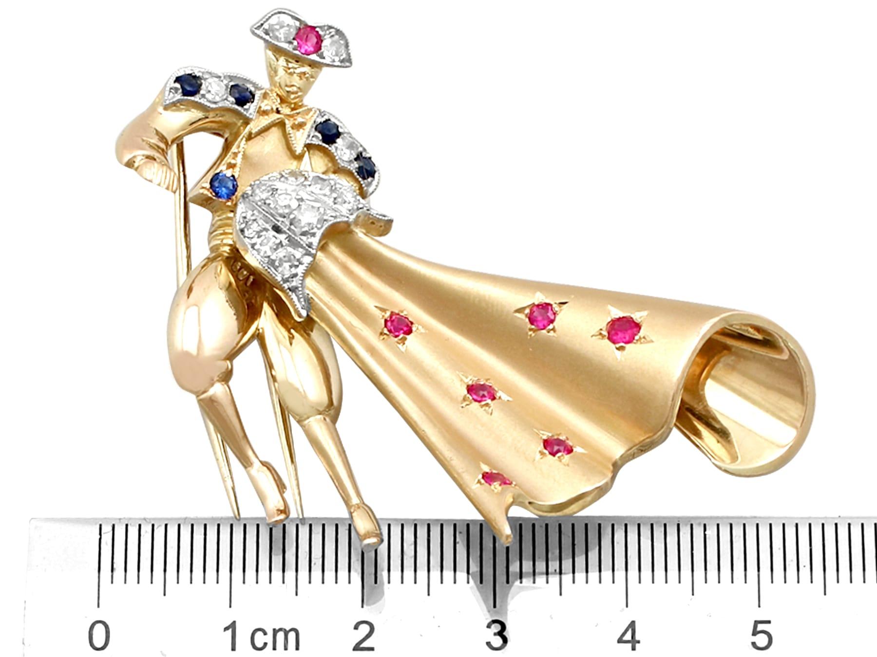 Broche Matador vintage en or jaune 18 carats, saphir, rubis et diamants en vente 2